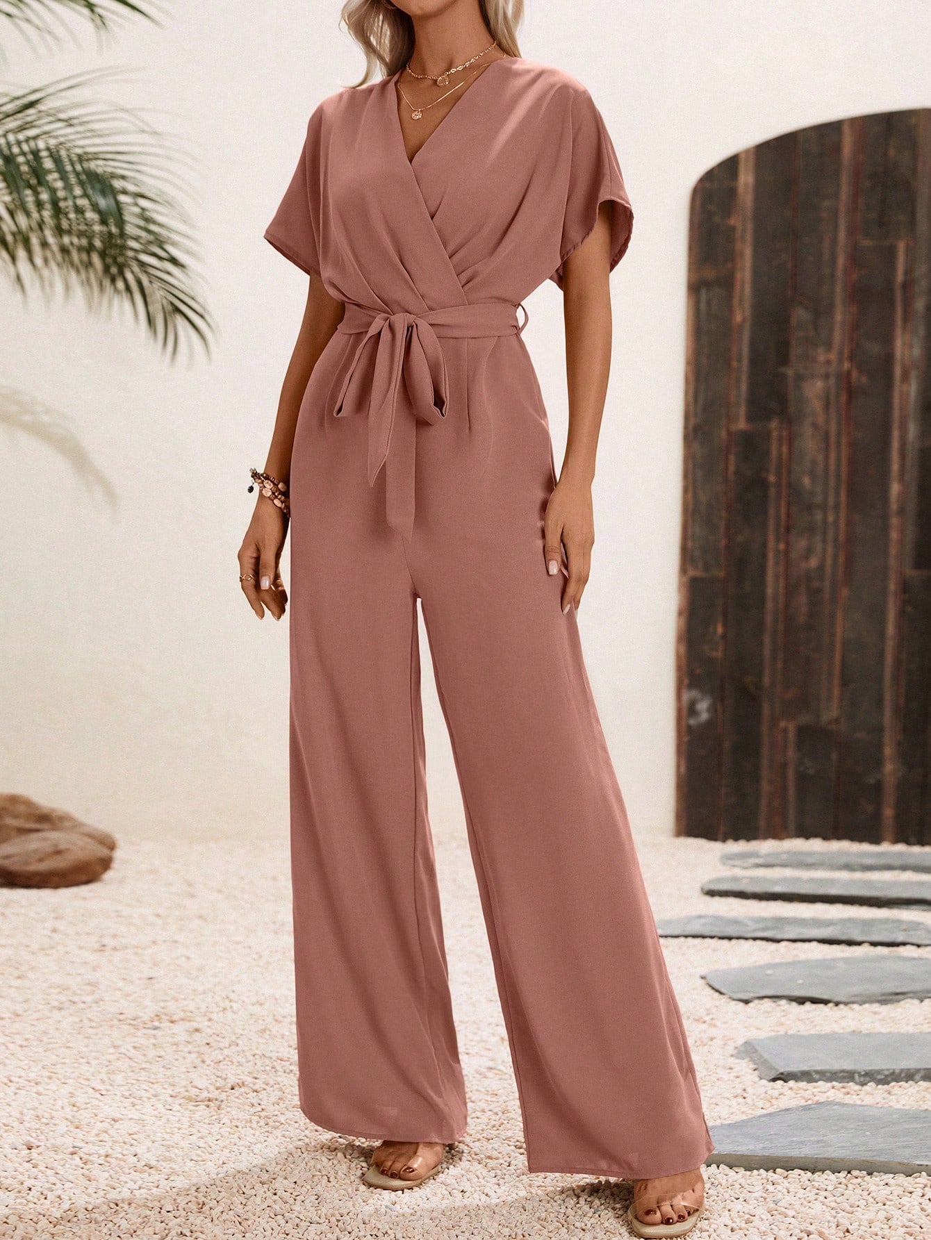 LUNE Solid Belted Wide Leg Wrap Detail Jumpsuit