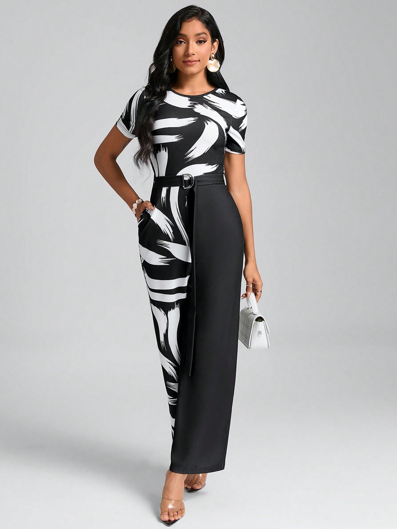 Clasi Brush Print Belted Wide Leg Jumpsuit