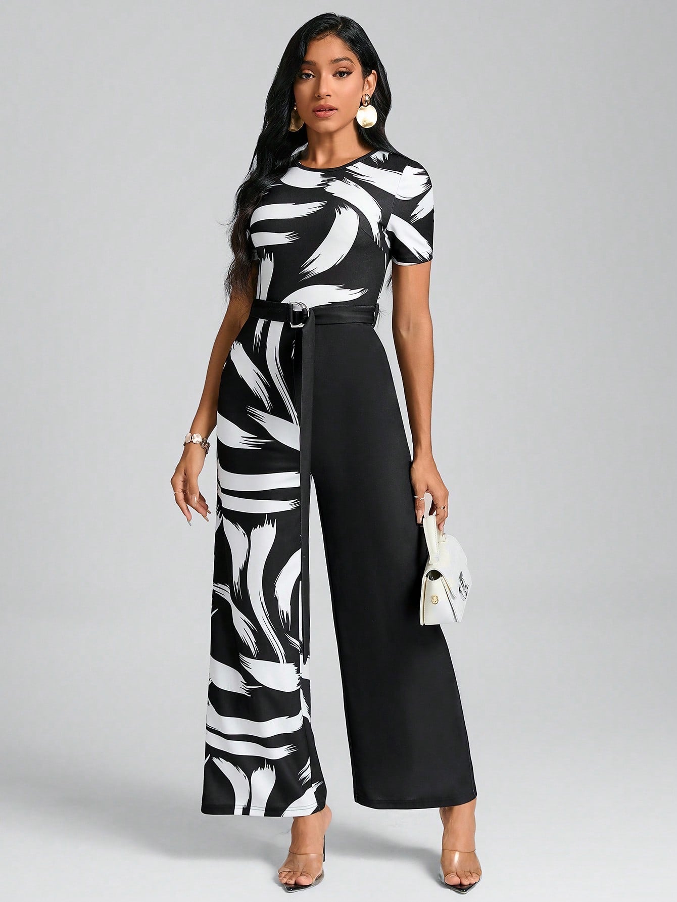 Clasi Brush Print Belted Wide Leg Jumpsuit