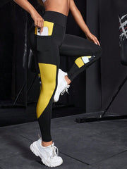 Colorblock Wideband Waist Sports Leggings With Phone Pocket