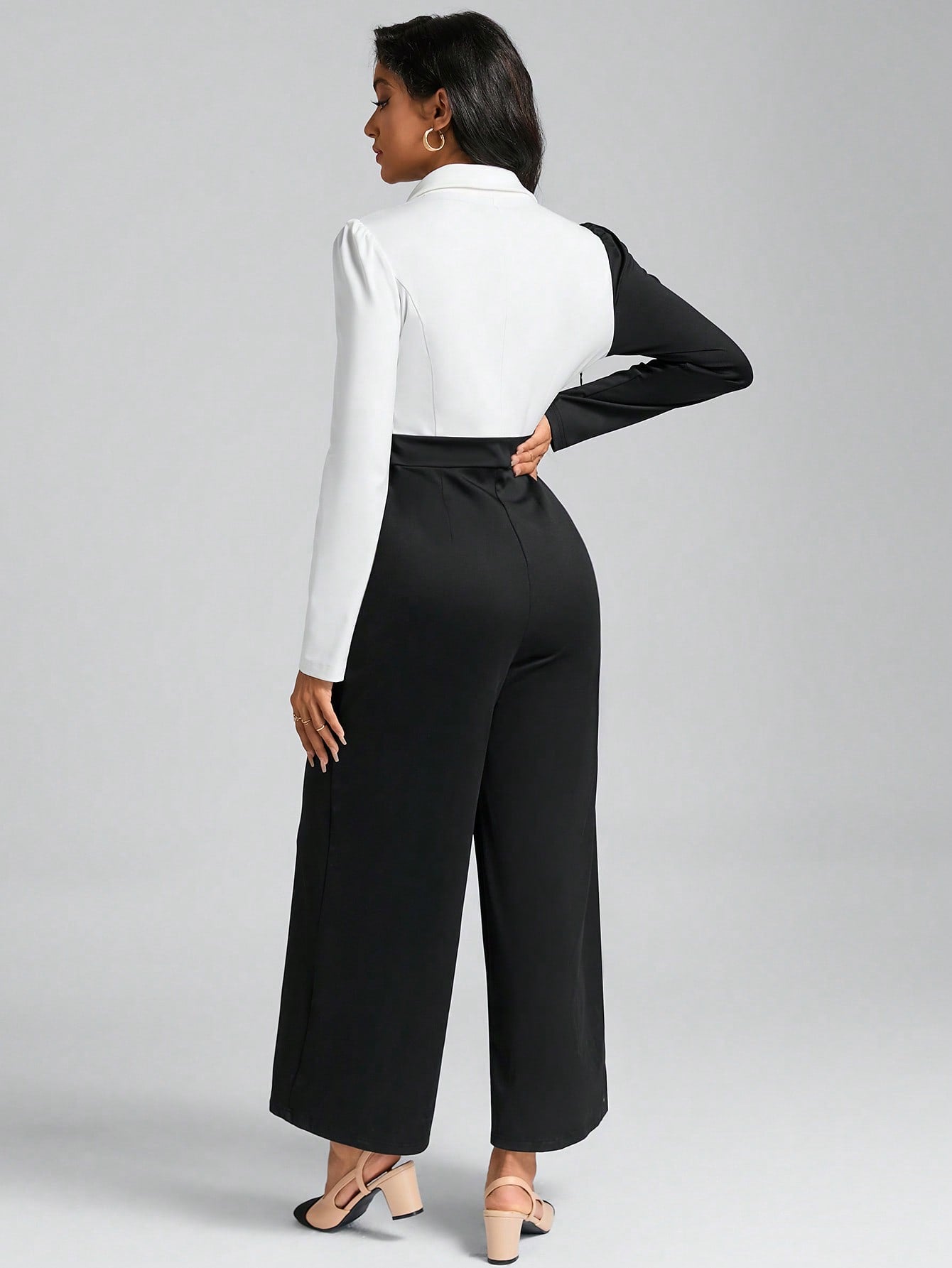 Clasi Two Tone Shawl Collar Wide Leg Jumpsuit