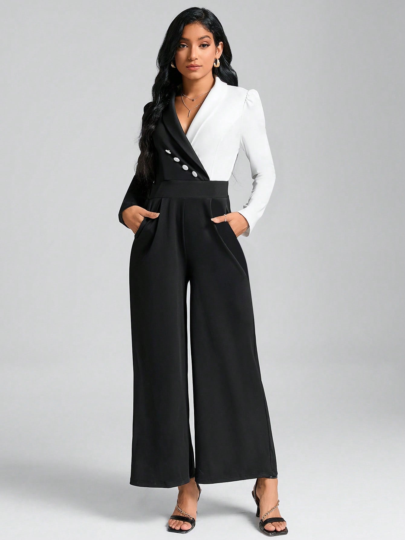 Clasi Two Tone Shawl Collar Wide Leg Jumpsuit