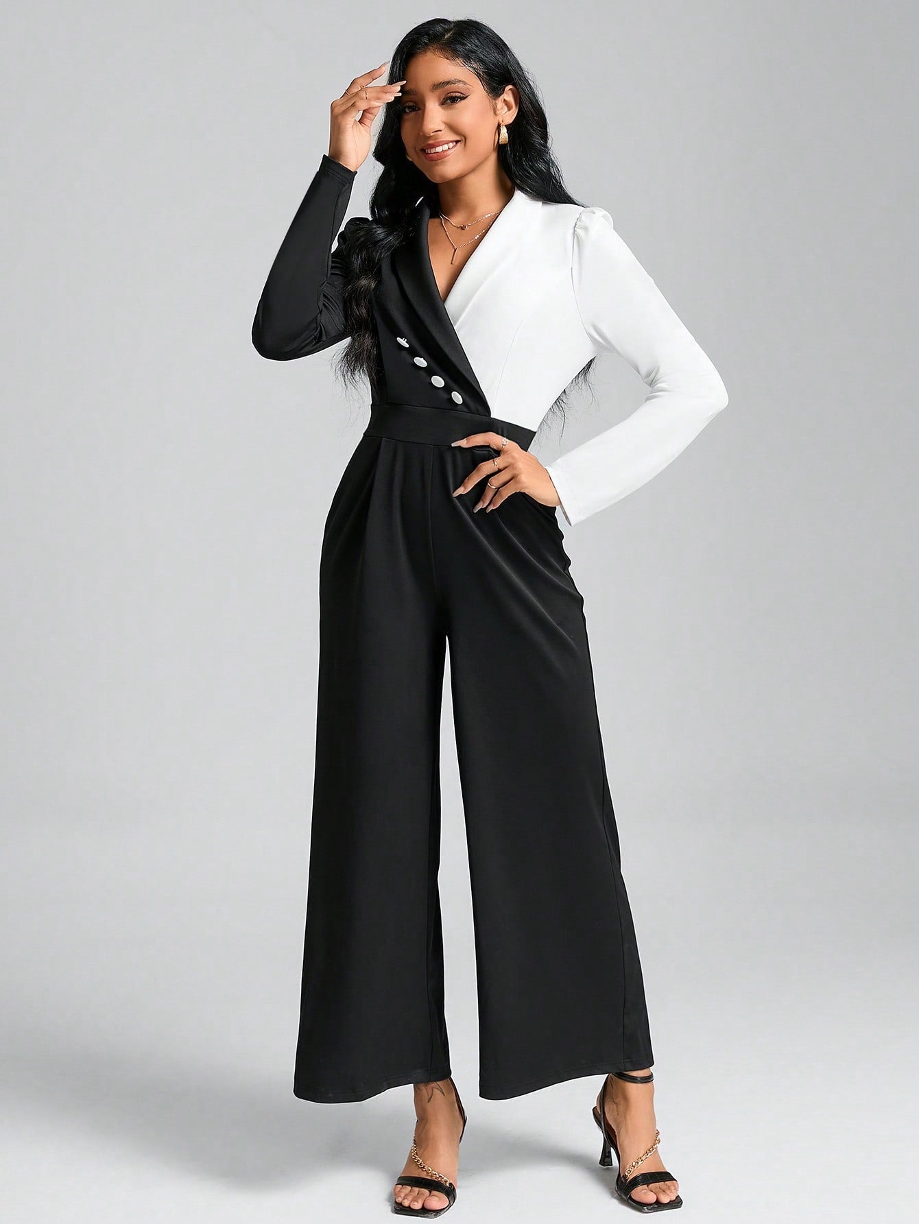 Clasi Two Tone Shawl Collar Wide Leg Jumpsuit