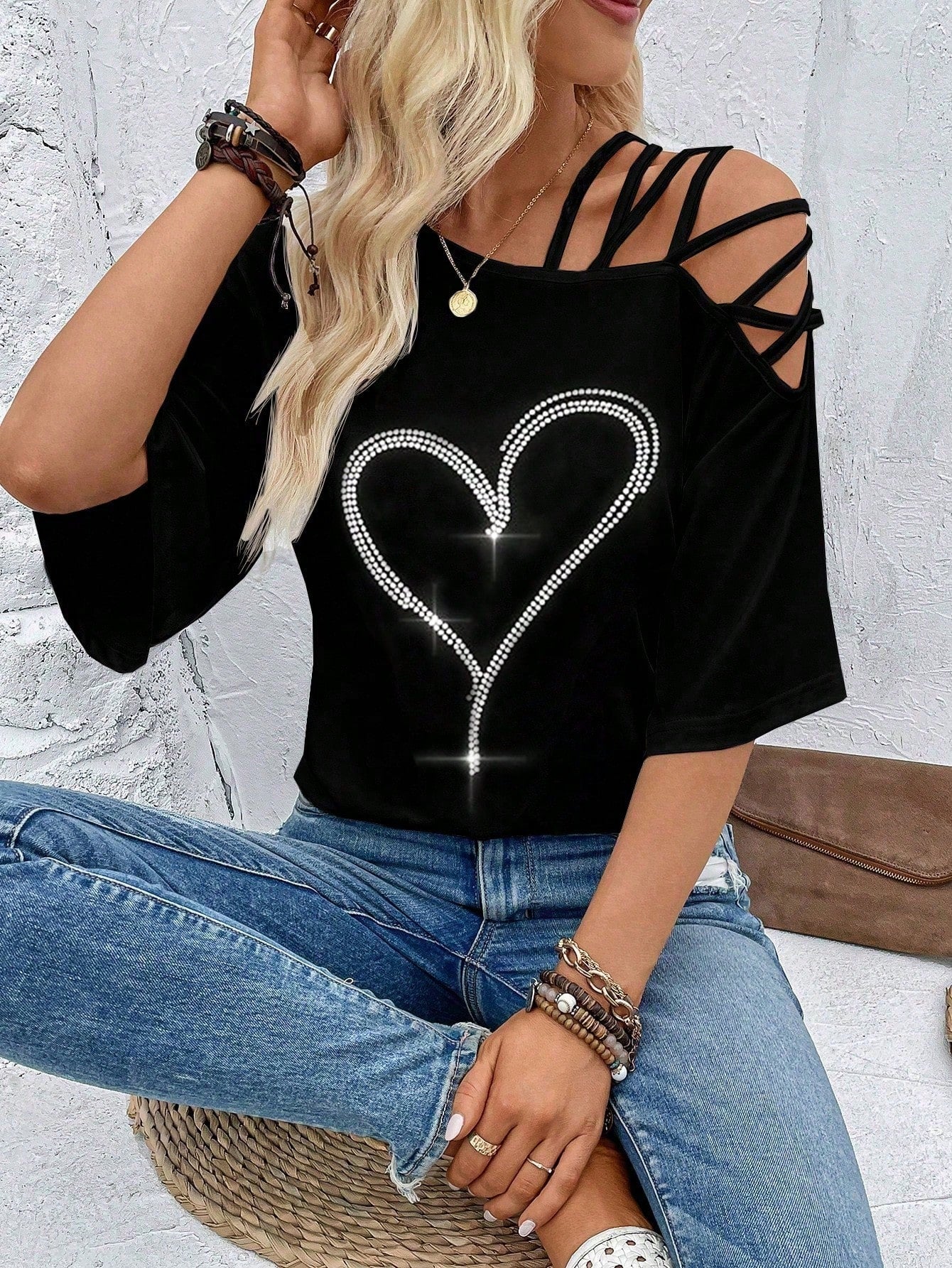 VCAY Figure Graphic Asymmetrical Neck Tee