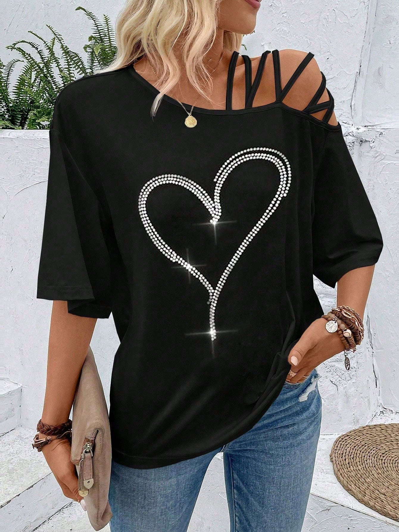 VCAY Figure Graphic Asymmetrical Neck Tee