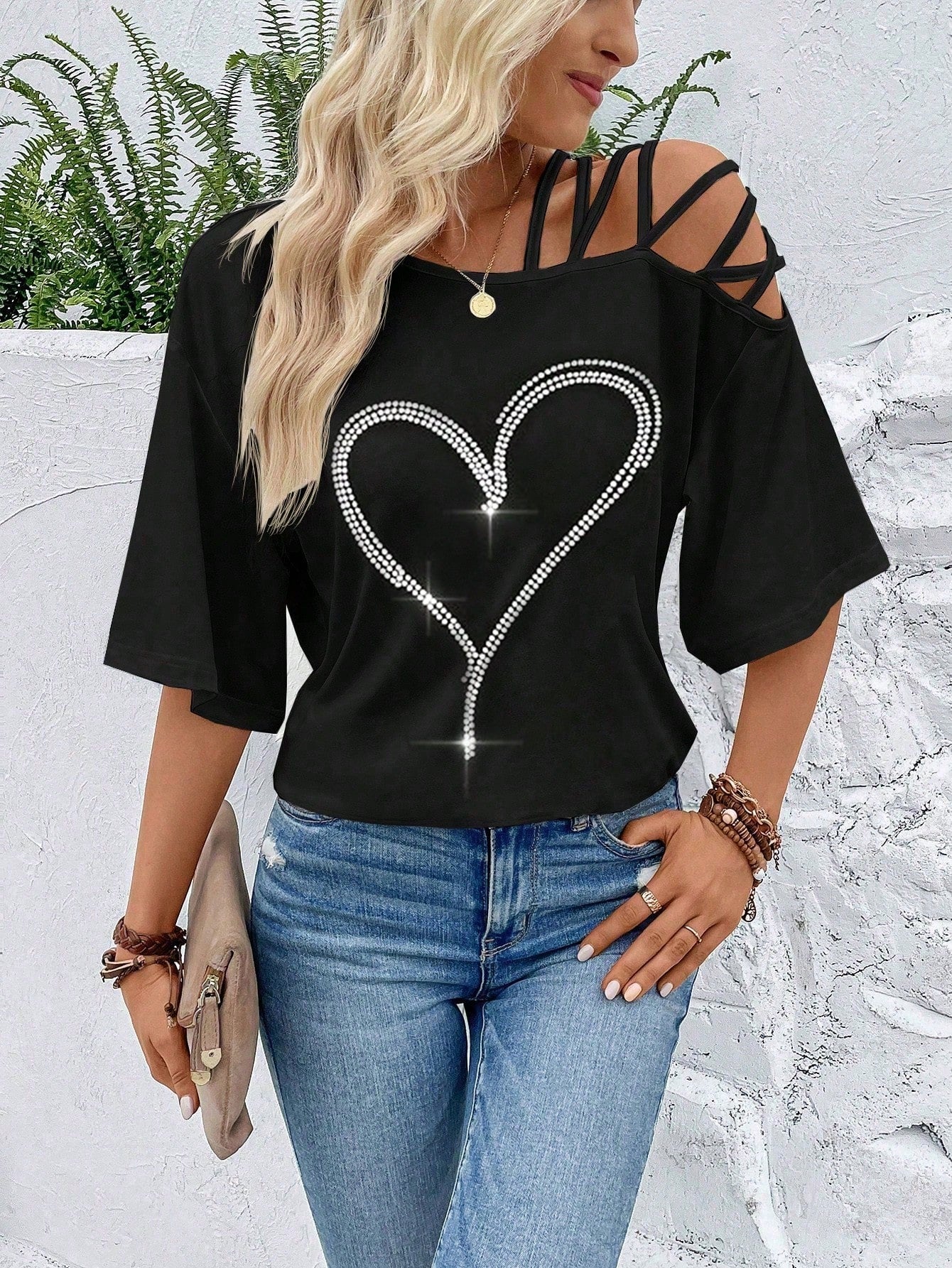 VCAY Figure Graphic Asymmetrical Neck Tee