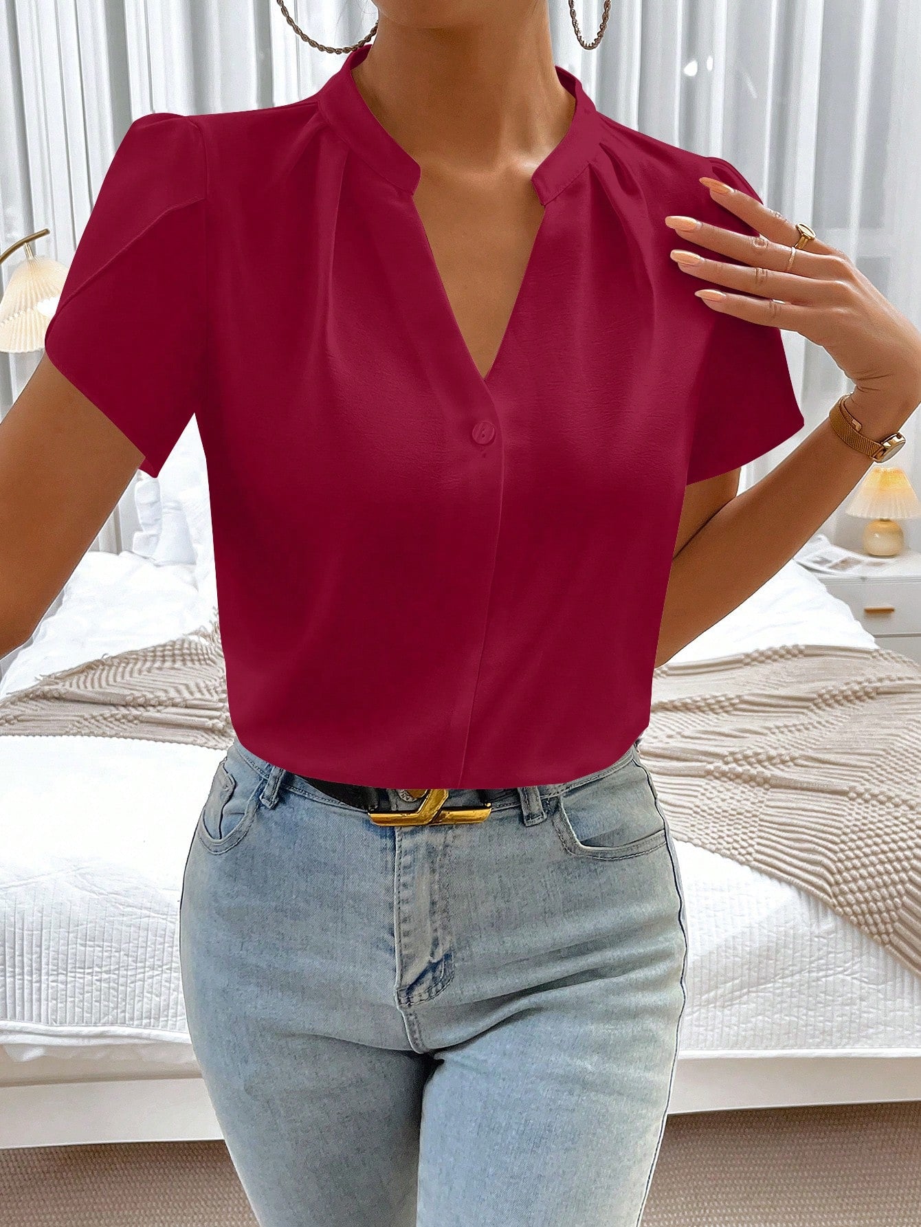 Privé Solid Notched Neckline Petal Sleeve Blouse