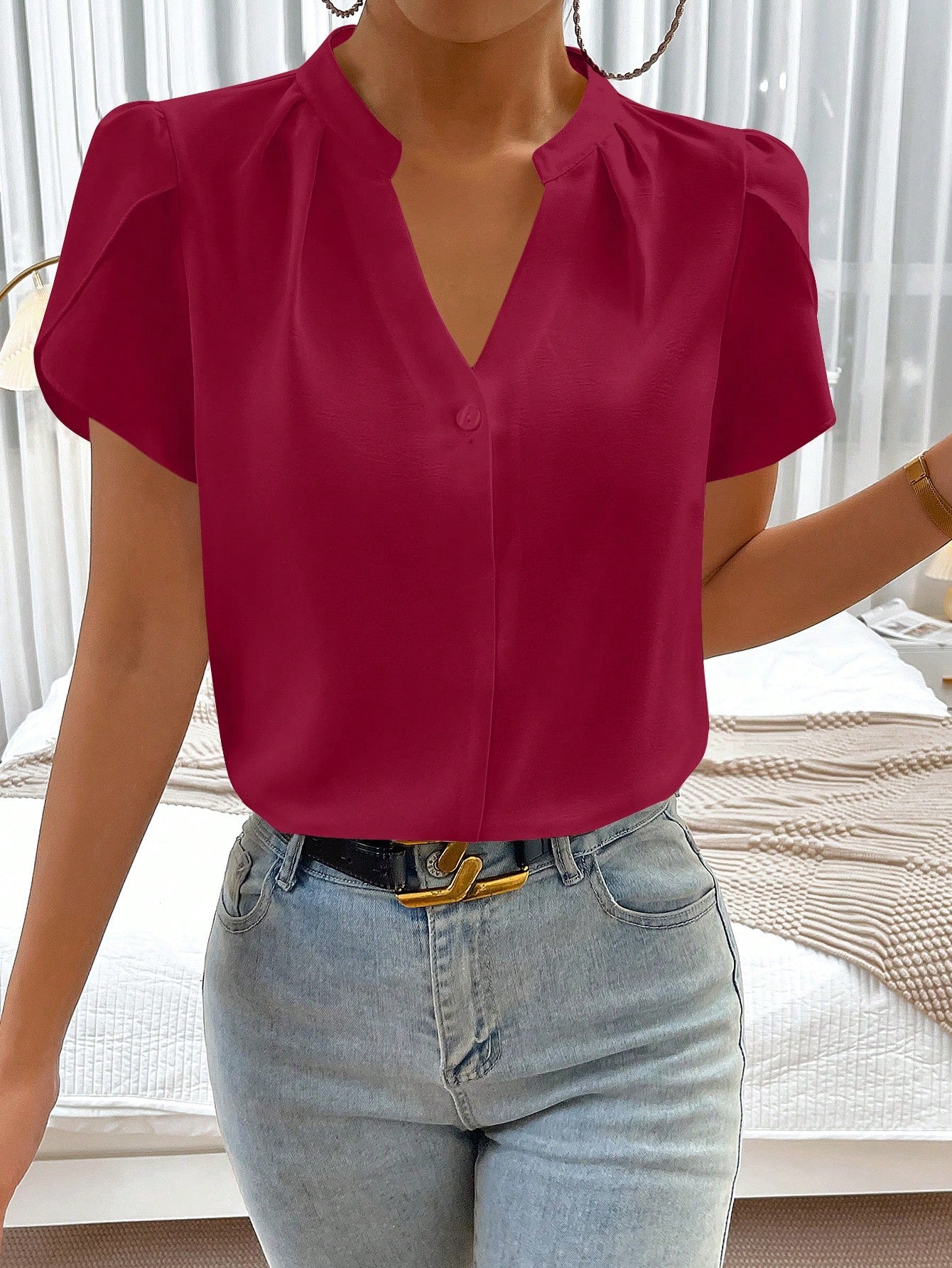 Privé Solid Notched Neckline Petal Sleeve Blouse