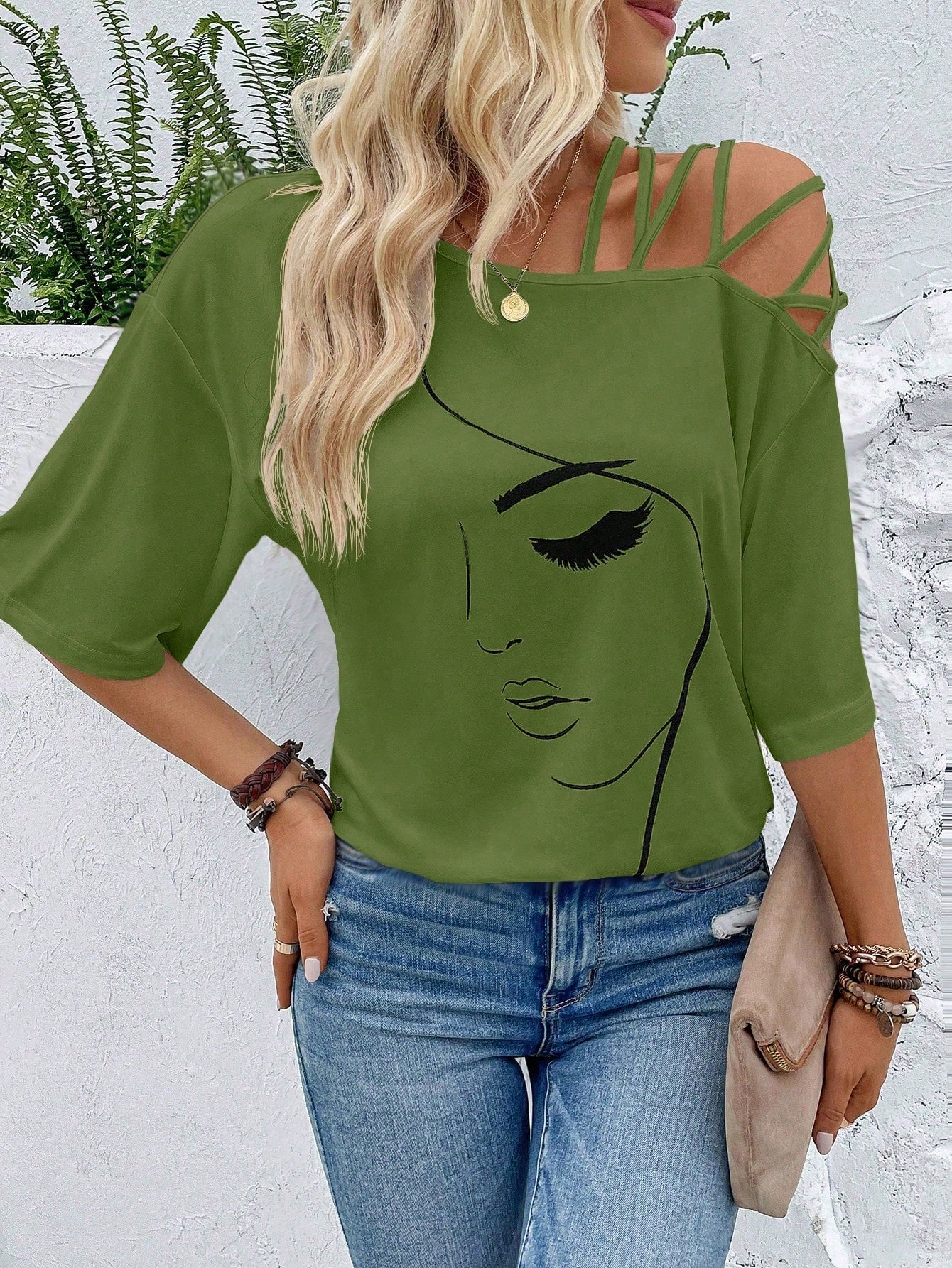 VCAY Figure Graphic Asymmetrical Neck Tee