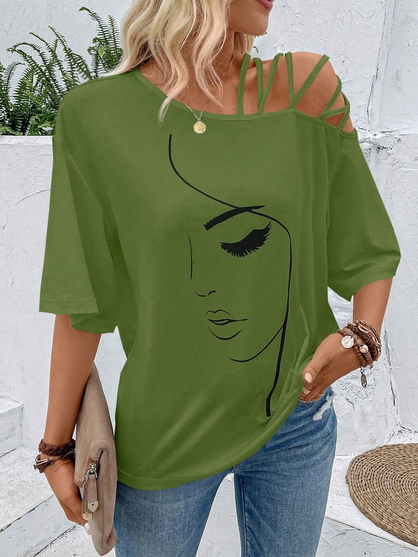 VCAY Figure Graphic Asymmetrical Neck Tee