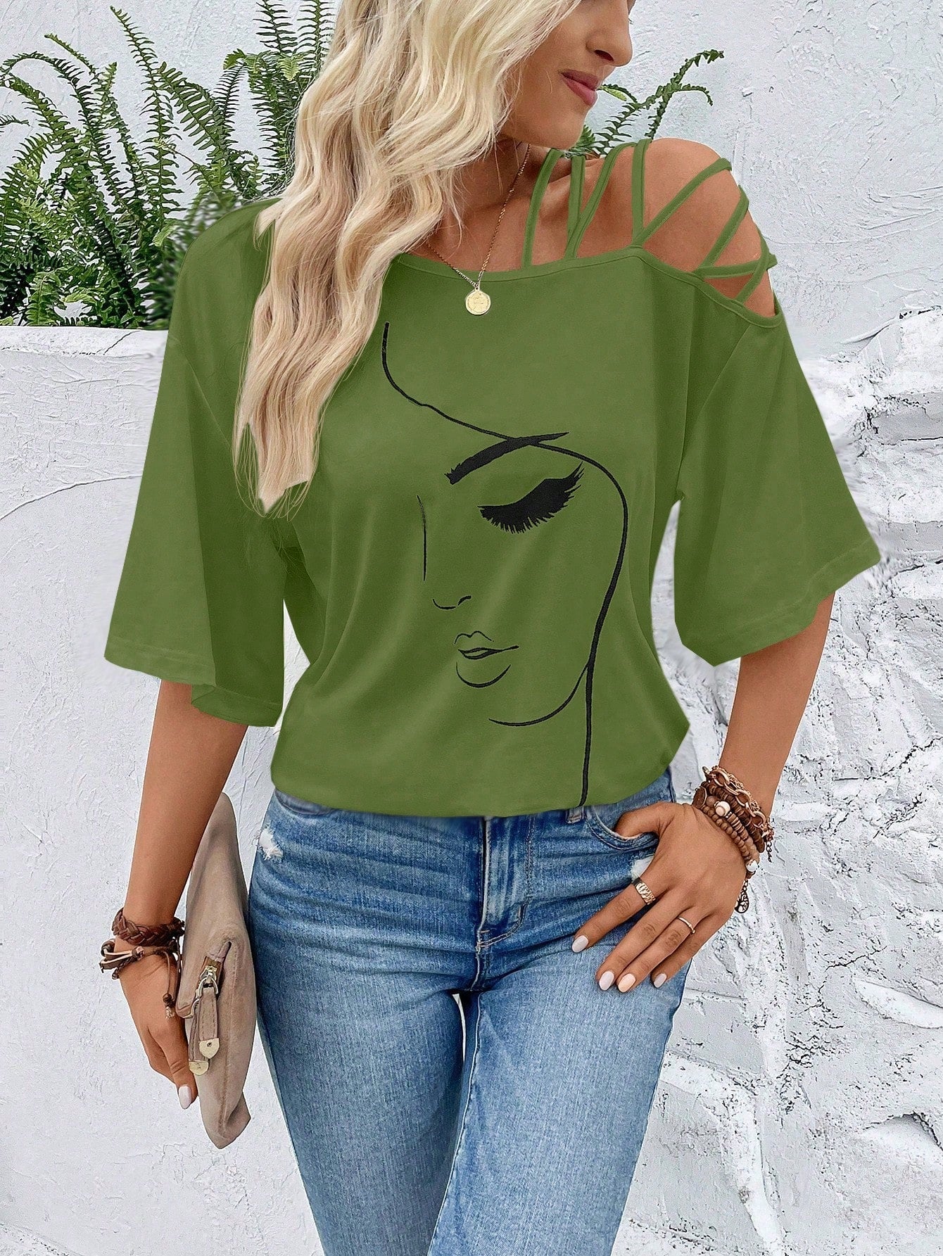 VCAY Figure Graphic Asymmetrical Neck Tee