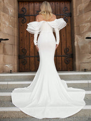 Off Shoulder Ruffle Trim Floor Length Wedding Dress