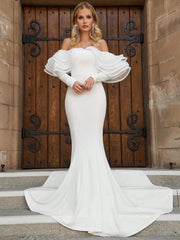 Off Shoulder Ruffle Trim Floor Length Wedding Dress