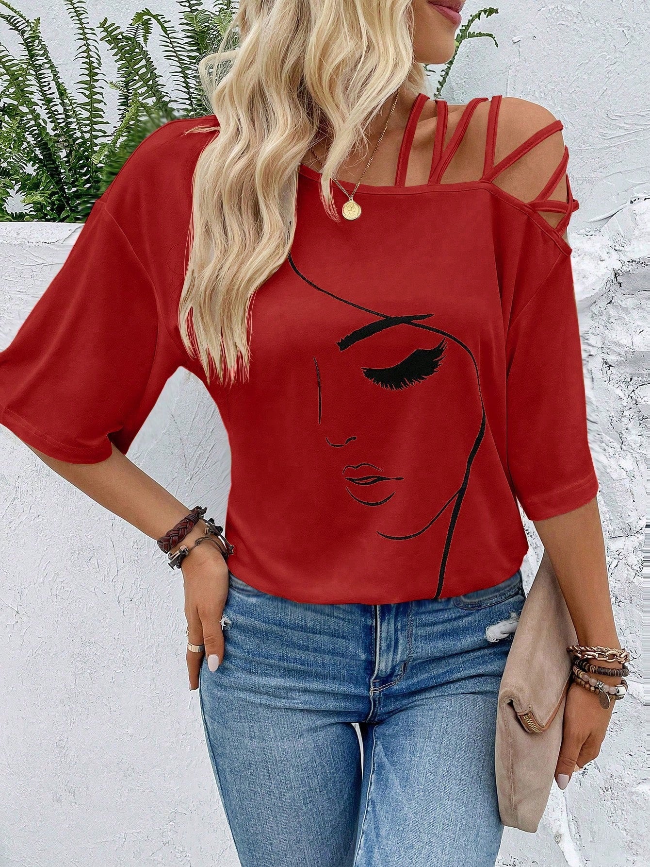 VCAY Figure Graphic Asymmetrical Neck Tee