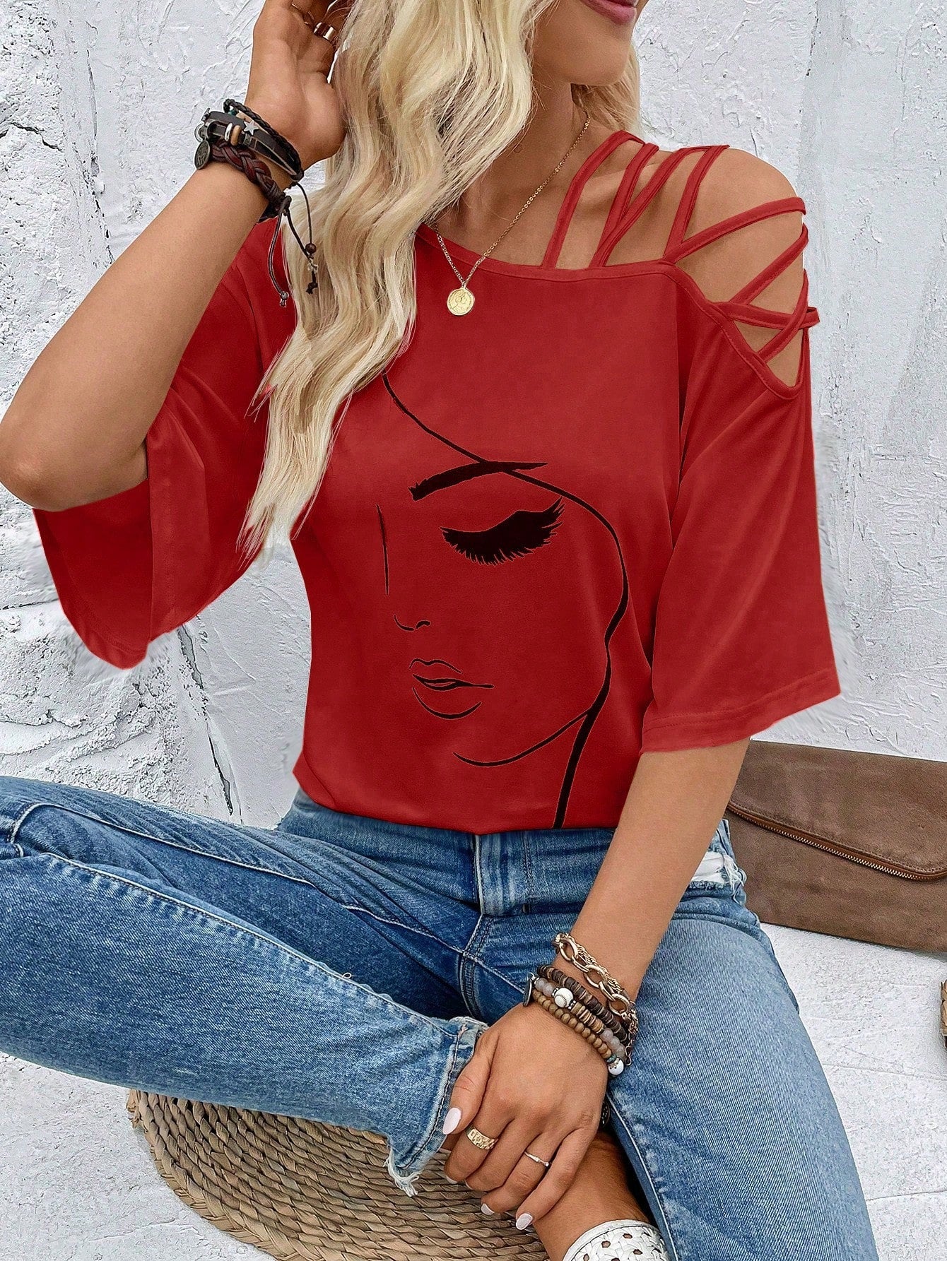 VCAY Figure Graphic Asymmetrical Neck Tee