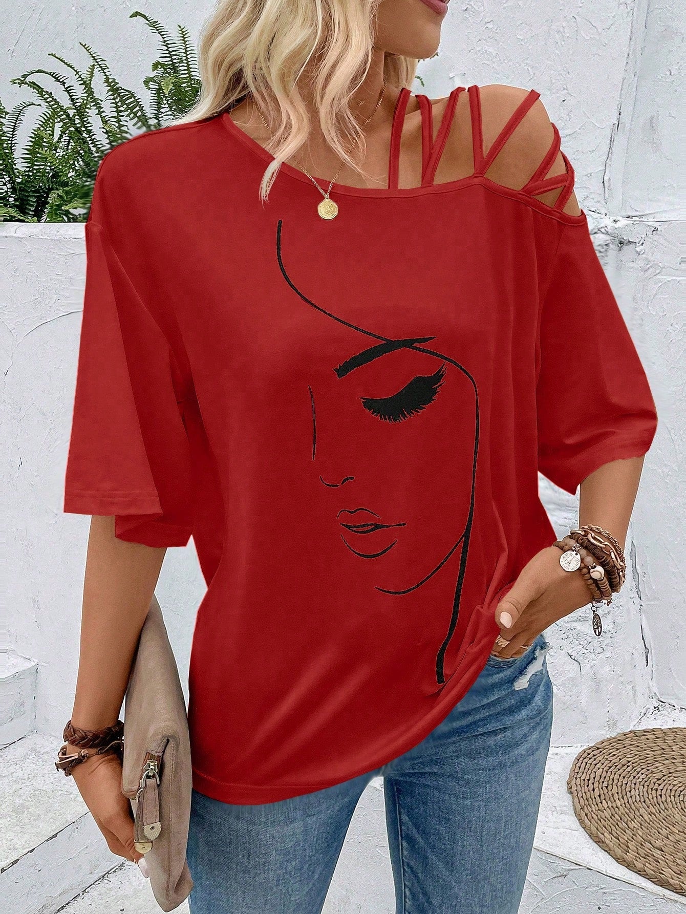 VCAY Figure Graphic Asymmetrical Neck Tee