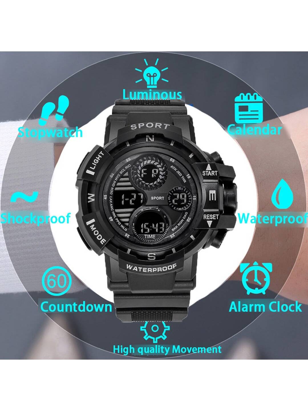 1pc Men's Sports Led Electronic Wristwatch With Calendar, Alarm, Shock Resistance, With Gift Box