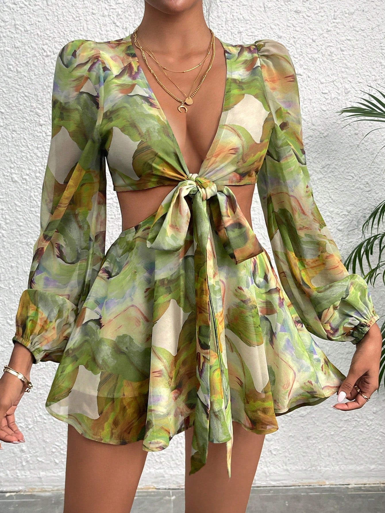 VCAY Lantern Sleeve V Neck Knot Cutout Waist Floral Print Chiffon Romper