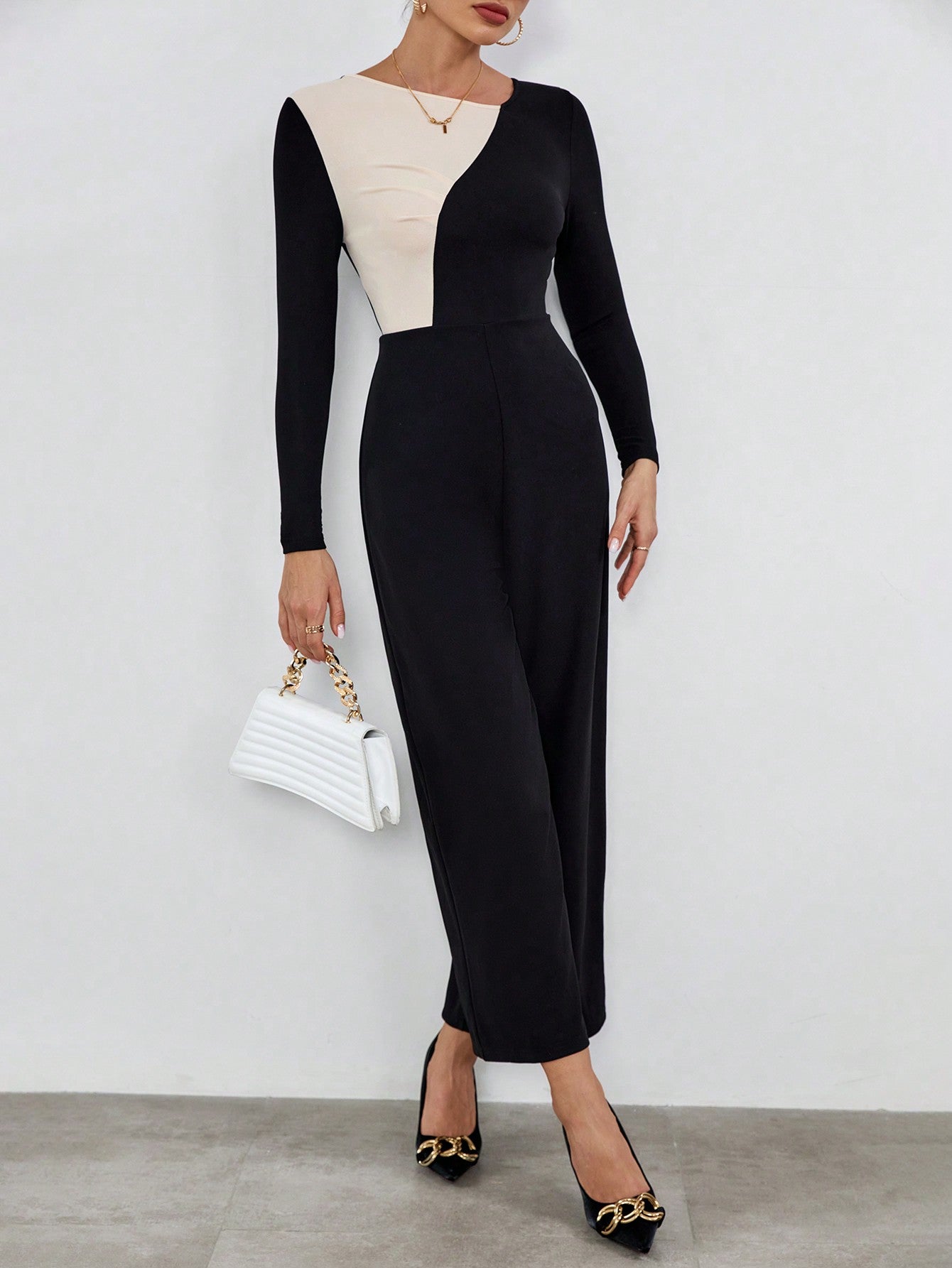 Privé Two Tone Asymmetrical Neck Wide Leg Jumpsuit