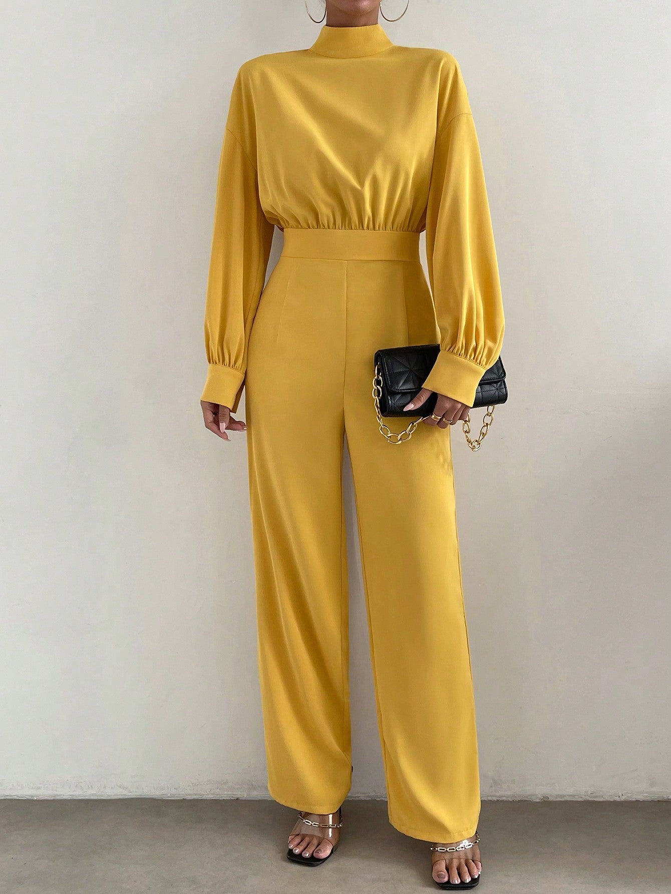 Essnce Mock Neck Lantern Sleeve Wide Leg Jumpsuit