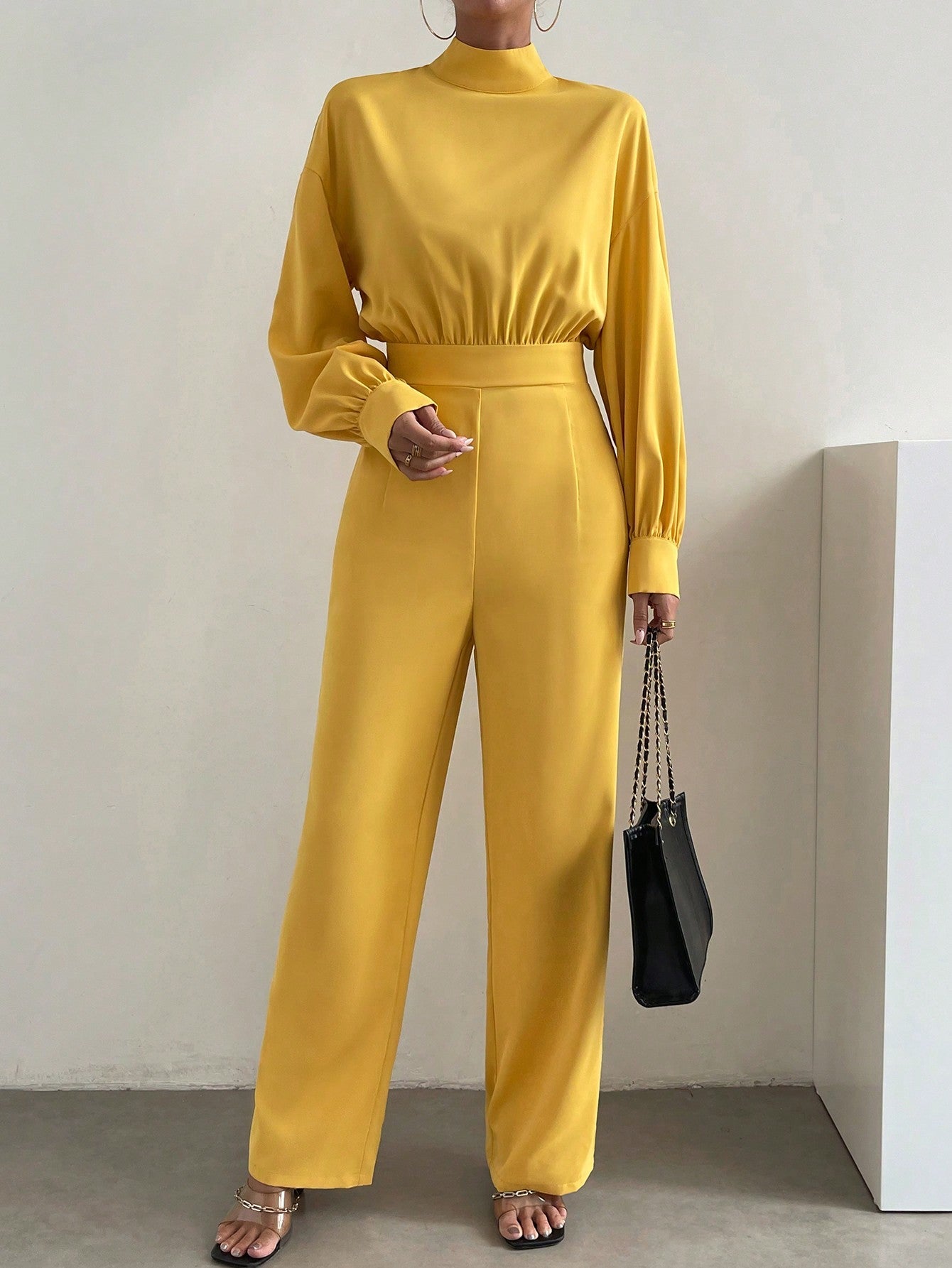 Essnce Mock Neck Lantern Sleeve Wide Leg Jumpsuit