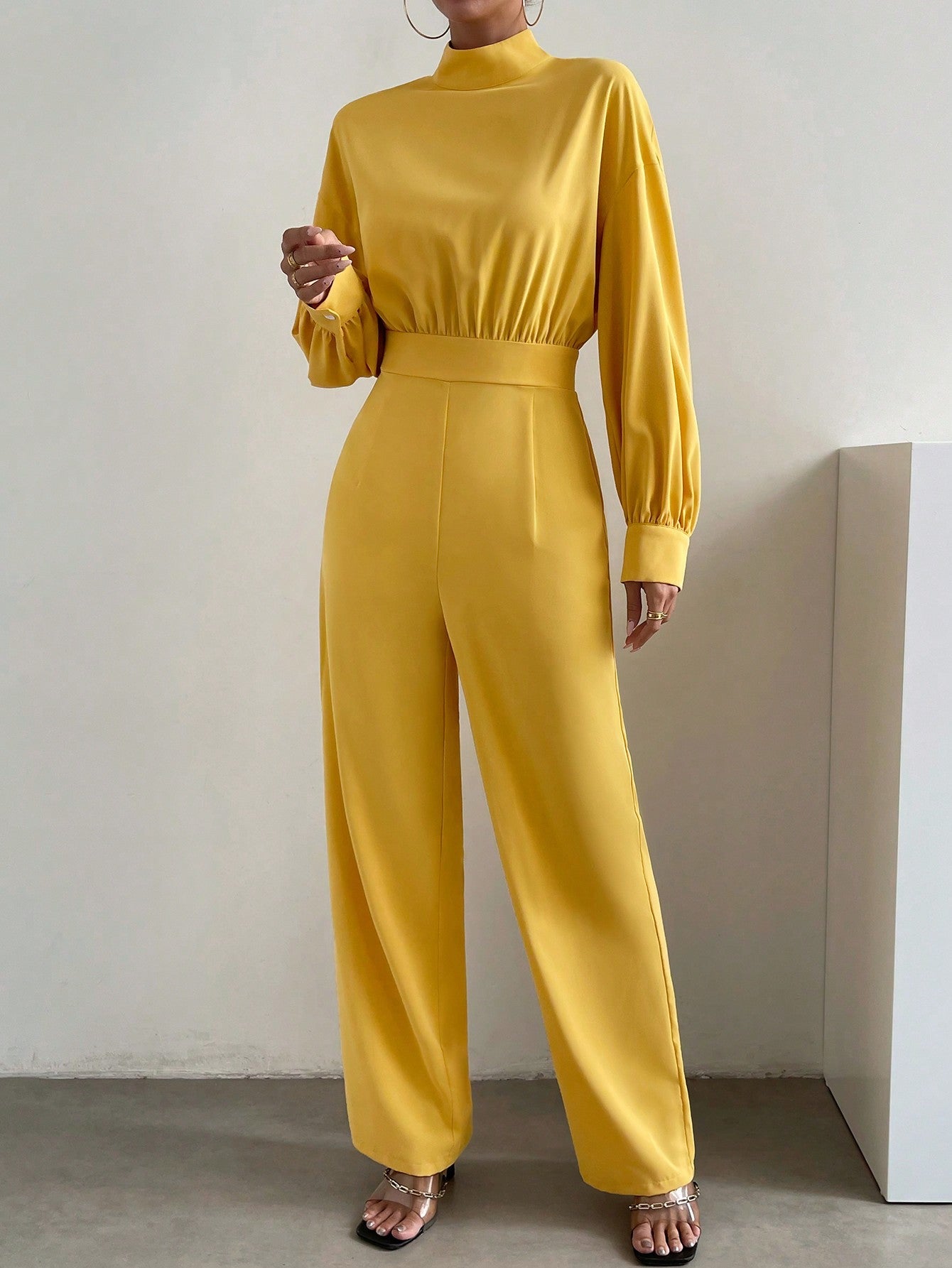 Essnce Mock Neck Lantern Sleeve Wide Leg Jumpsuit