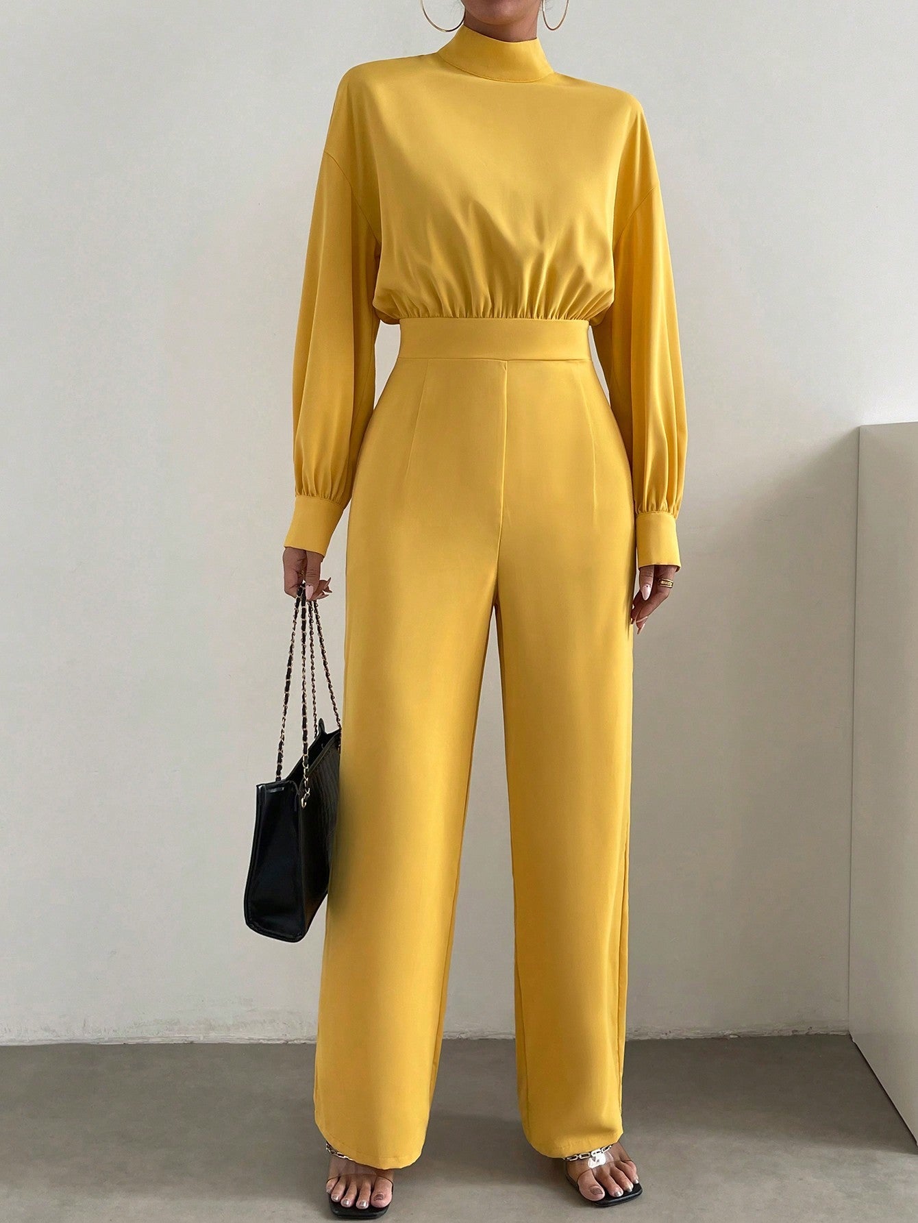 Essnce Mock Neck Lantern Sleeve Wide Leg Jumpsuit