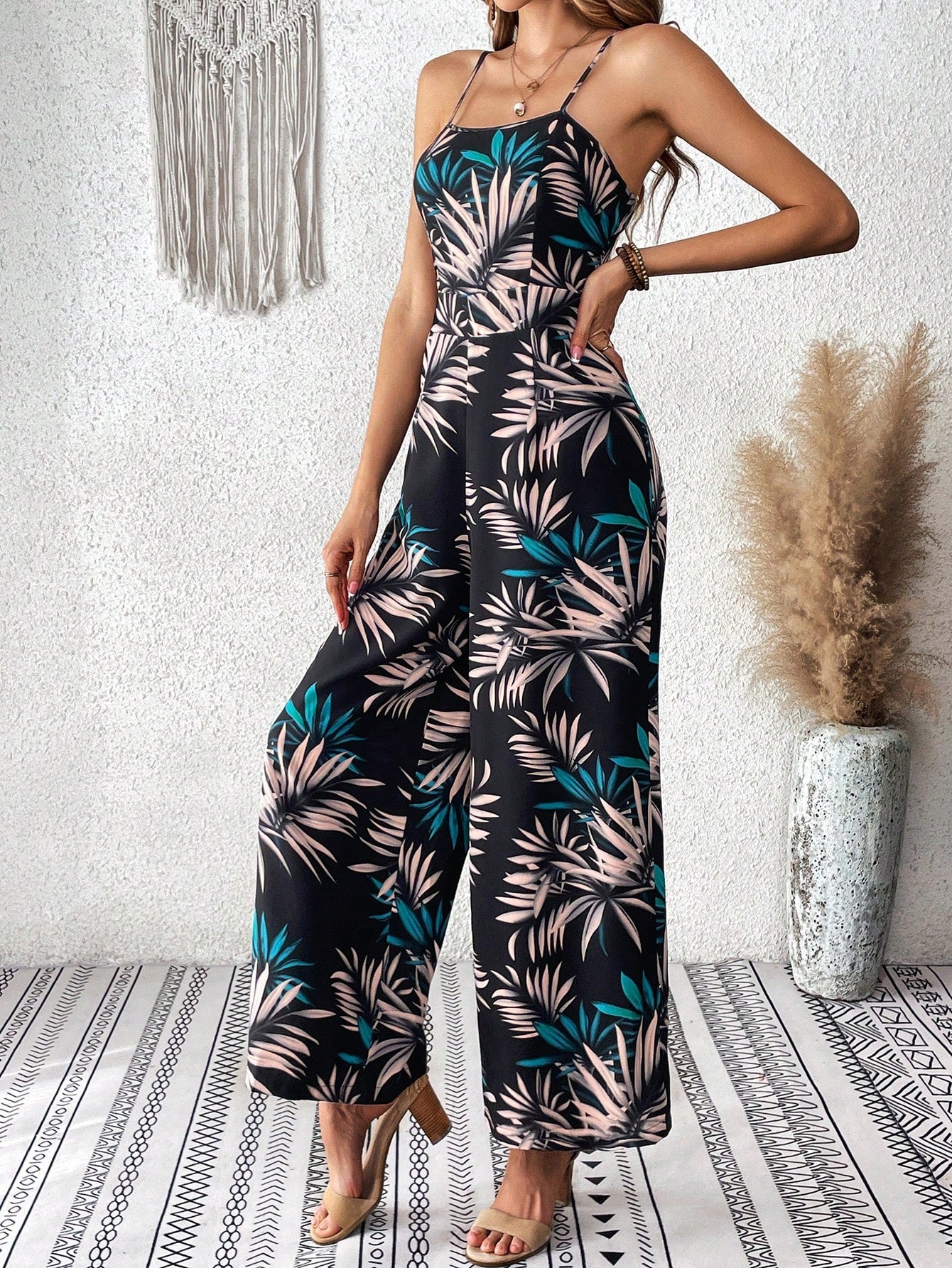 VCAY Tropical Print Cami Wide Leg Jumpsuit