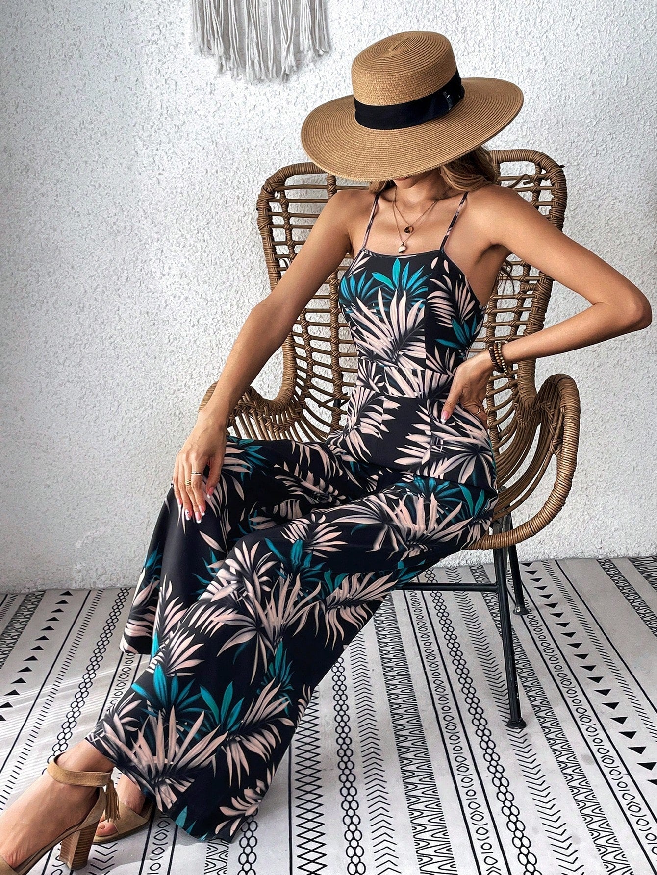 VCAY Tropical Print Cami Wide Leg Jumpsuit