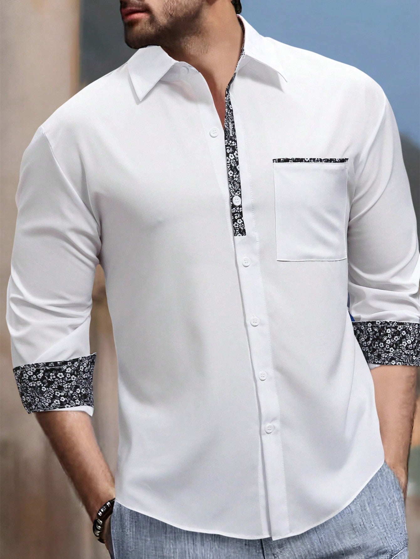 Manfinity Mode Men's Long Sleeve Shirt With Patchwork Small Floral Pattern