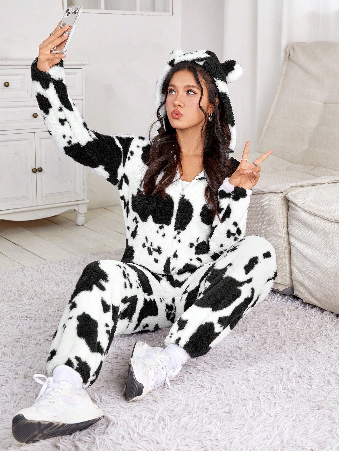 Qutie Cow Pattern 3D Ear Design Hooded Zipper Flannel Jumpsuit