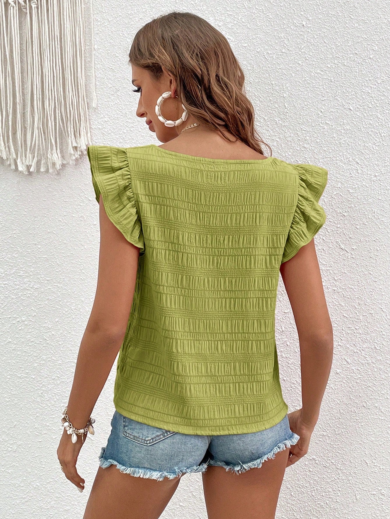 VCAY Solid Puff Sleeve Ruffle Trim Blouse Square Neck Top