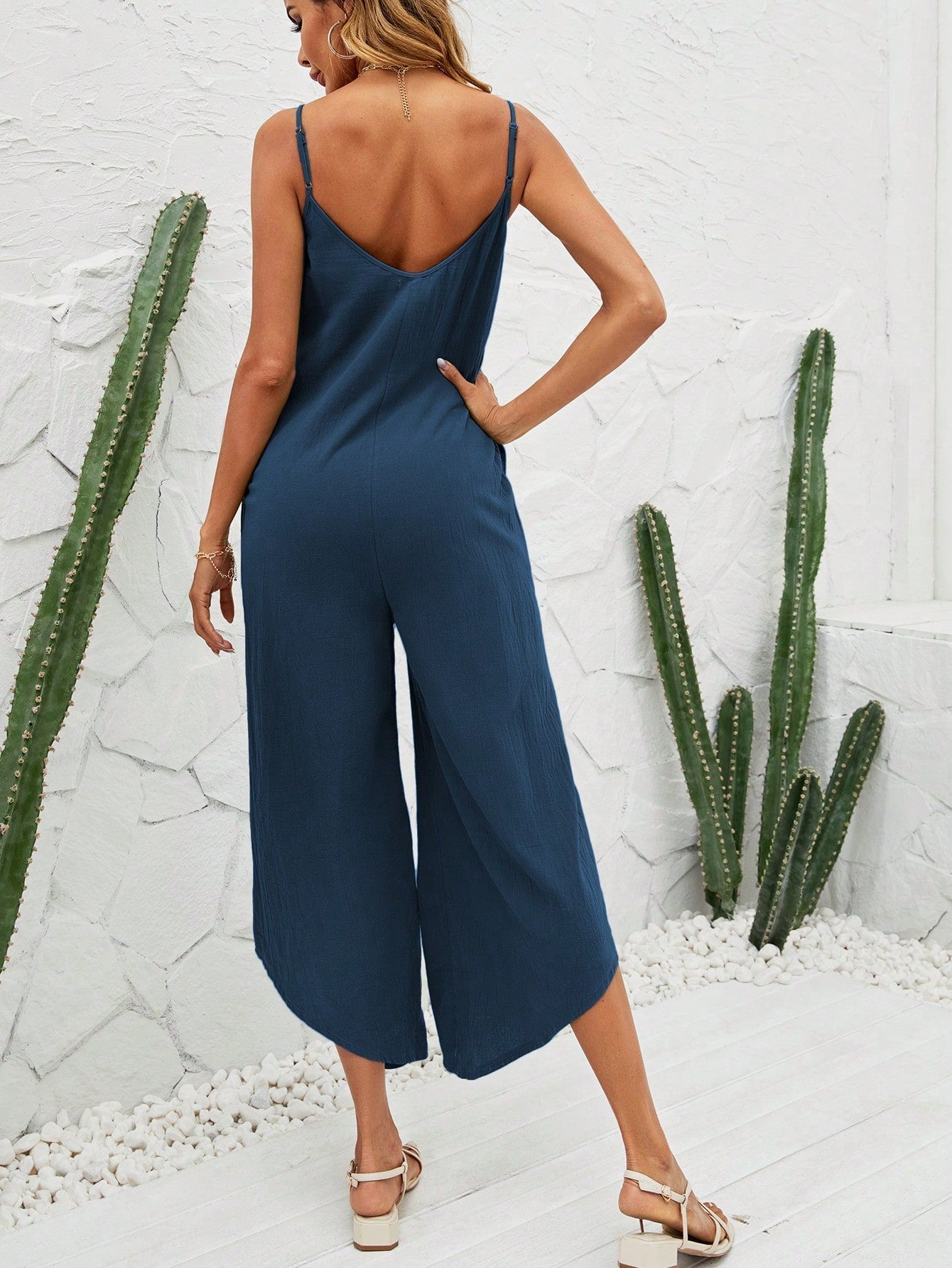 VCAY Striped Print Asymmetrical Hem Cami Jumpsuit