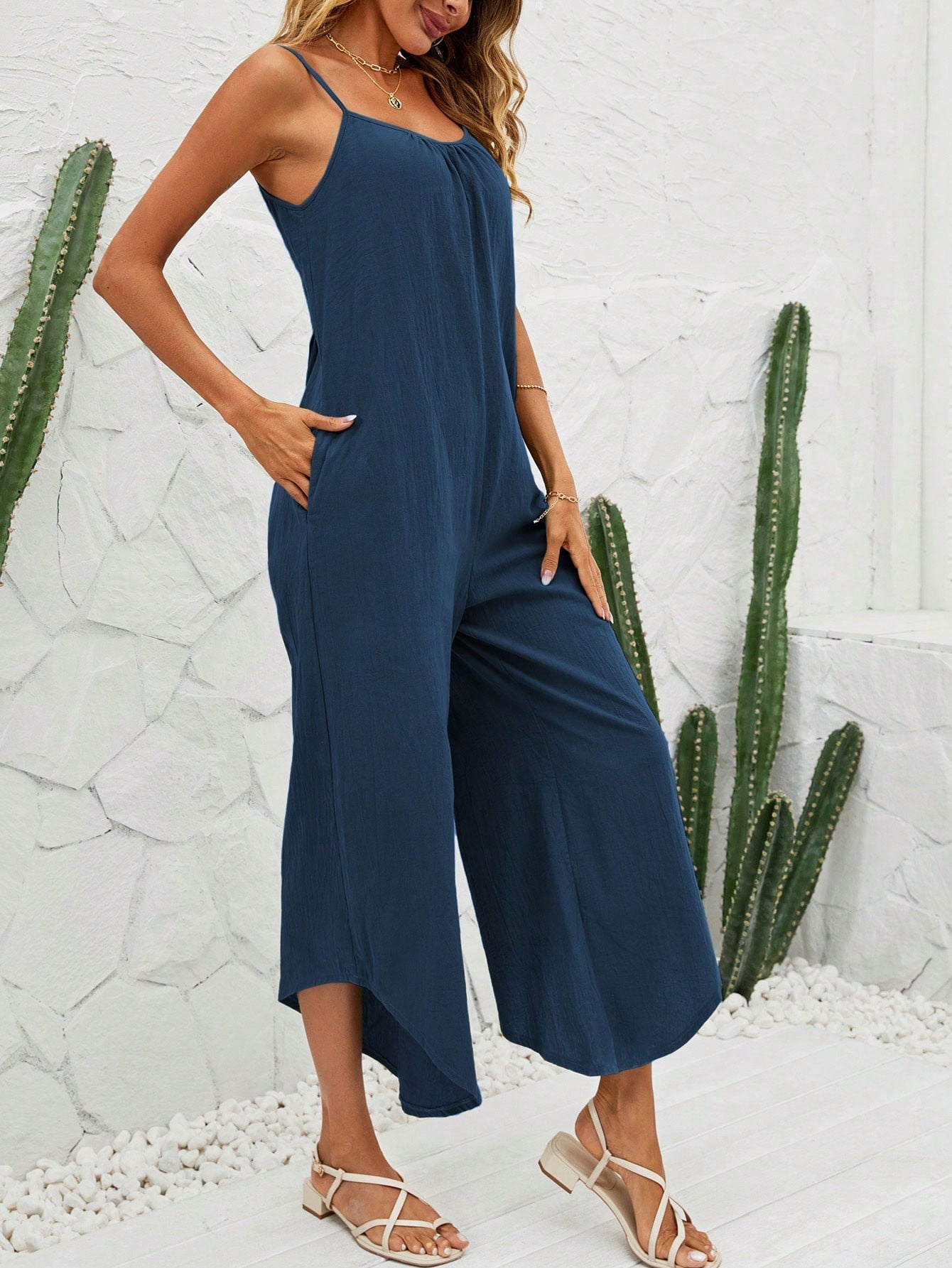 VCAY Striped Print Asymmetrical Hem Cami Jumpsuit