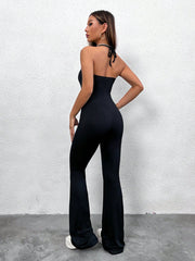 Solid Backless Flare Leg Halter Jumpsuit