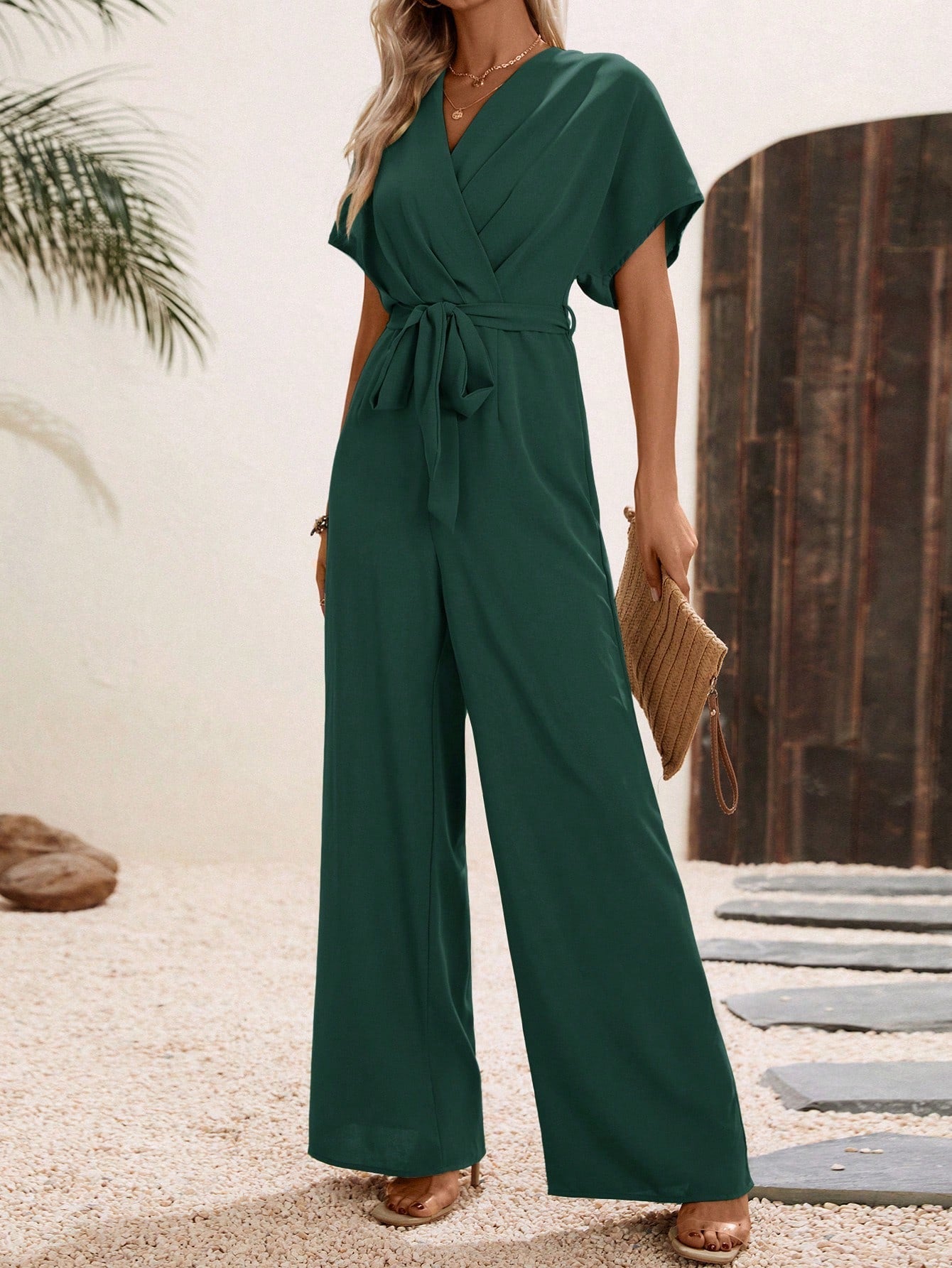 LUNE Solid Belted Wide Leg Wrap Detail Jumpsuit