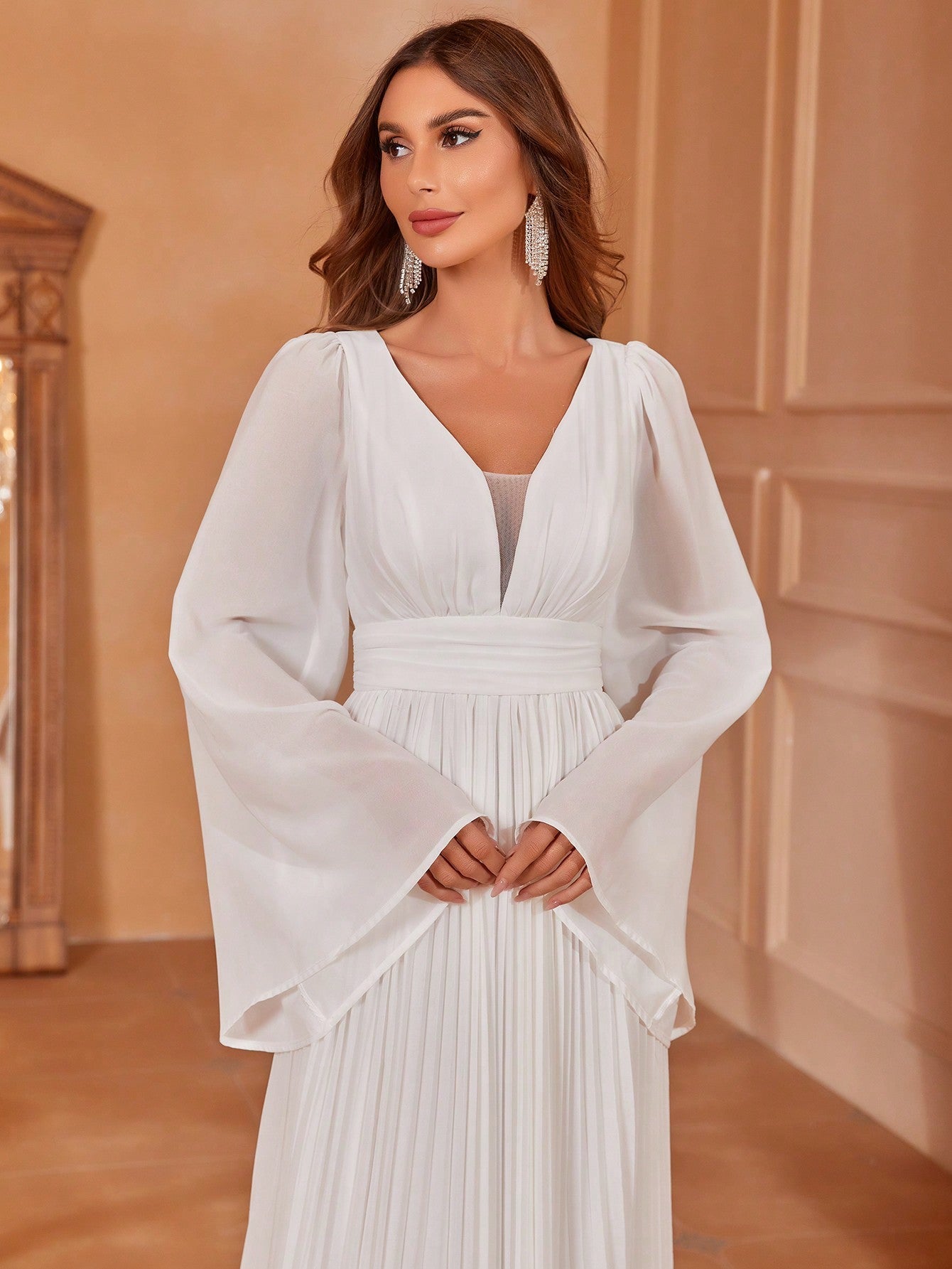 Plunging Neck Trumpet Sleeve Pleated Hem Chiffon Wedding Dress