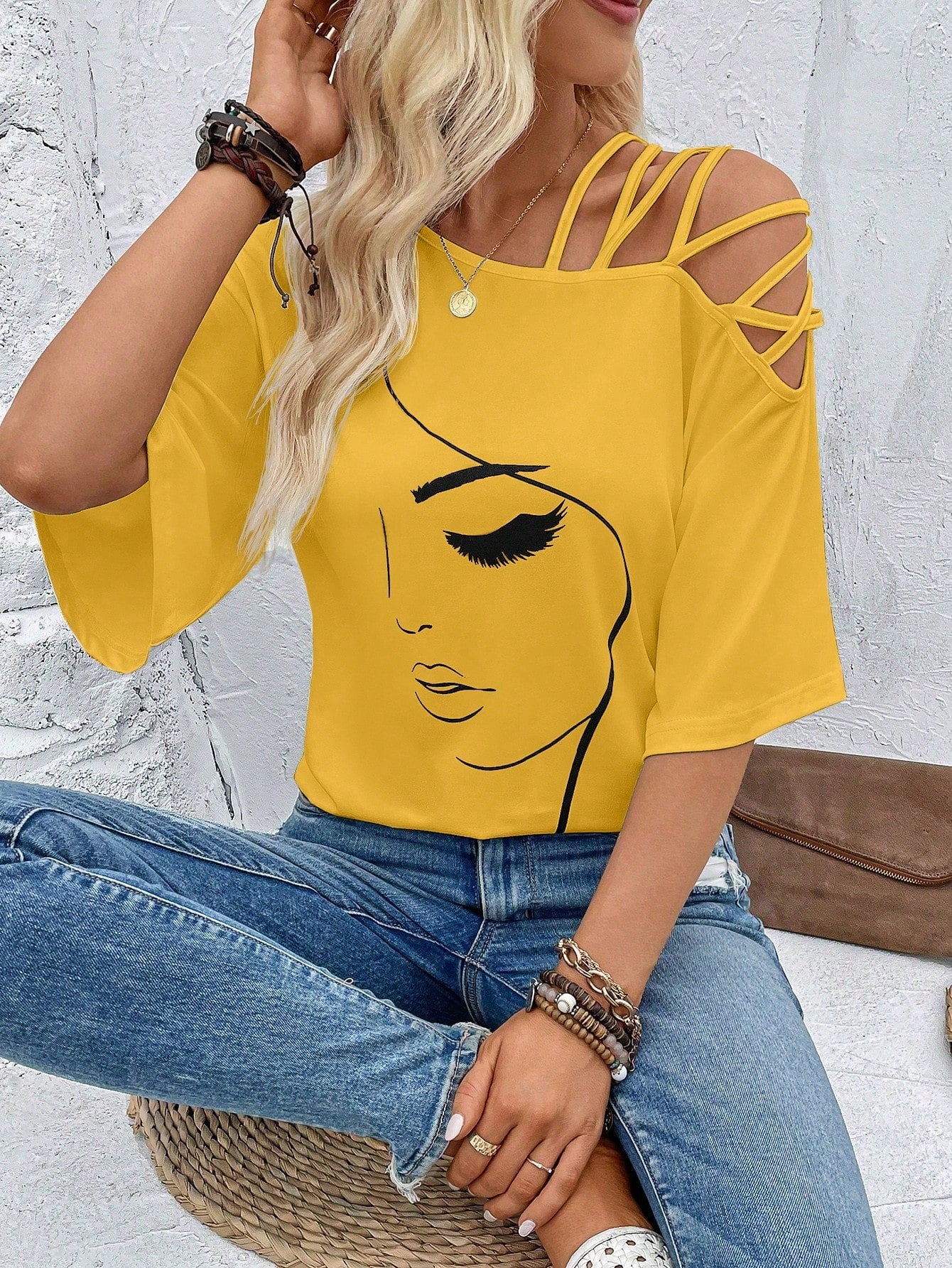 VCAY Figure Graphic Asymmetrical Neck Tee