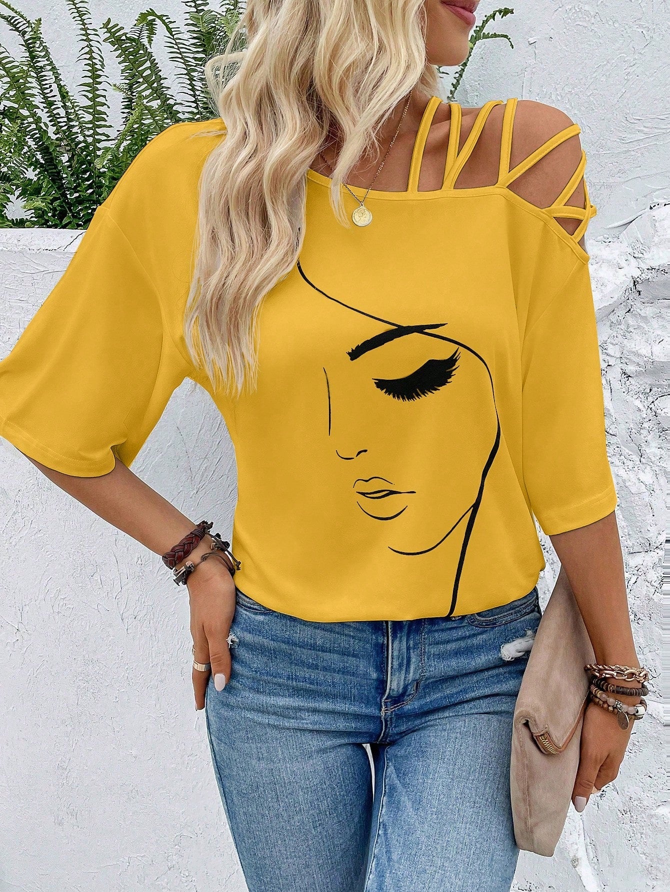 VCAY Figure Graphic Asymmetrical Neck Tee