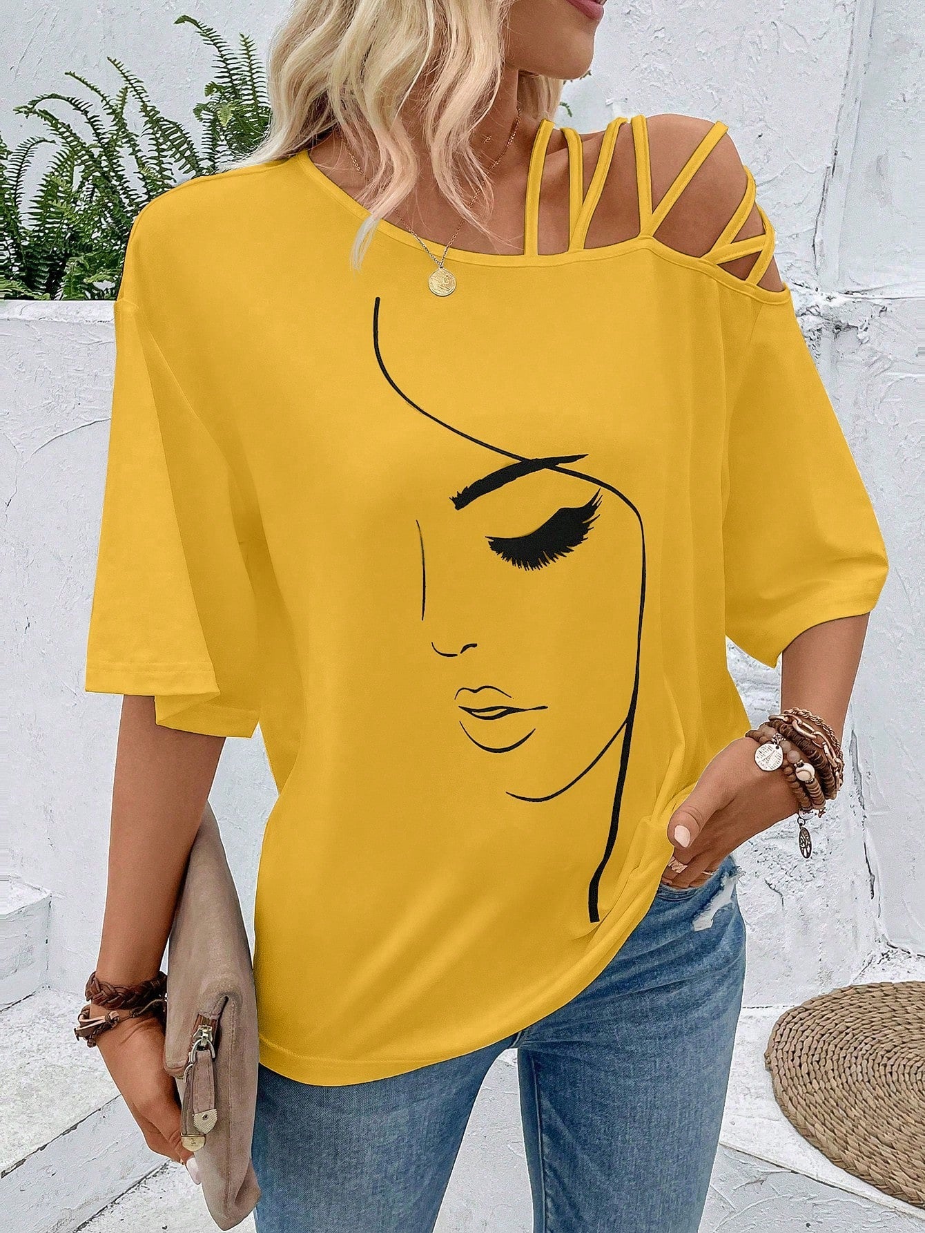 VCAY Figure Graphic Asymmetrical Neck Tee