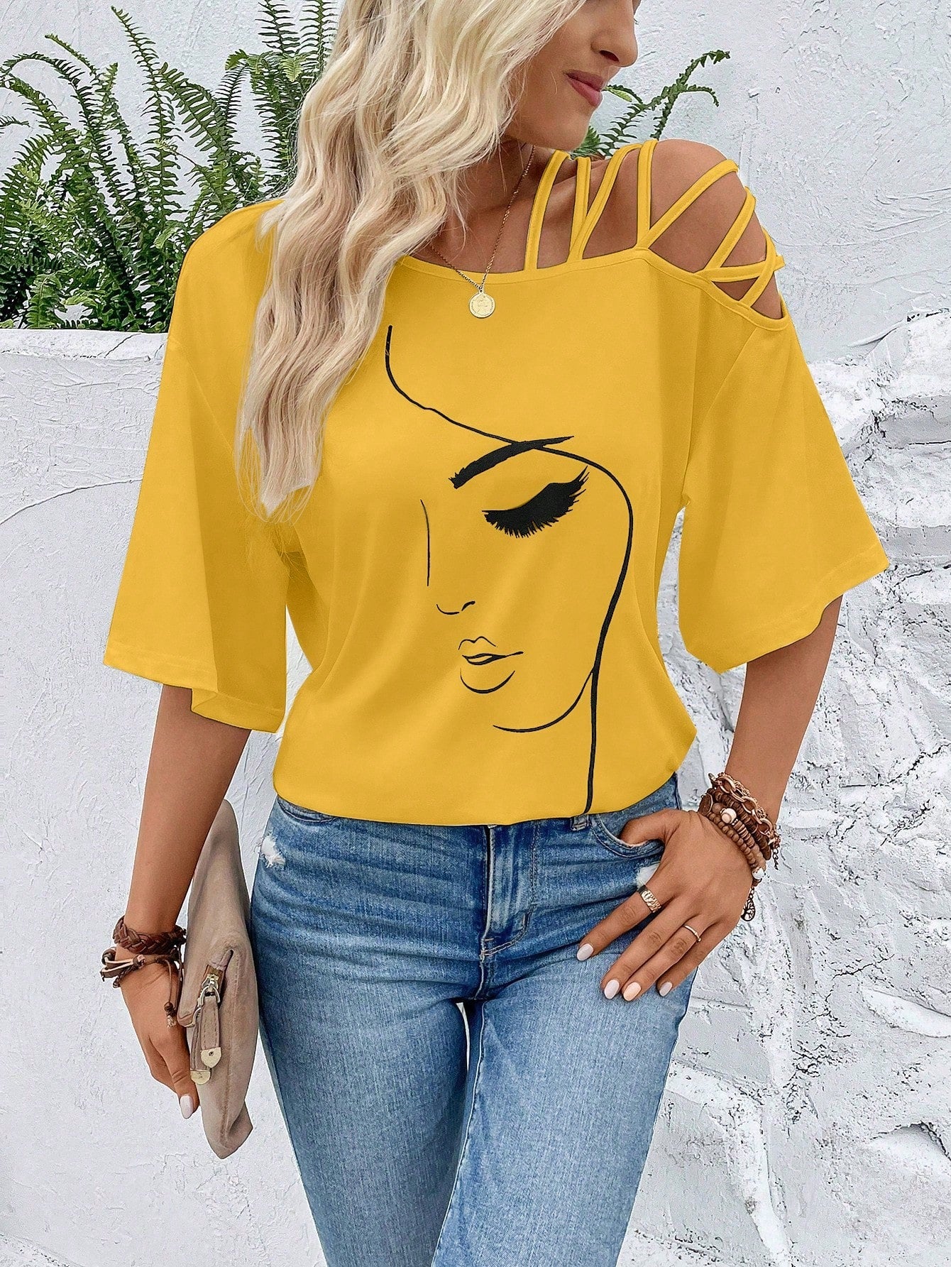 VCAY Figure Graphic Asymmetrical Neck Tee