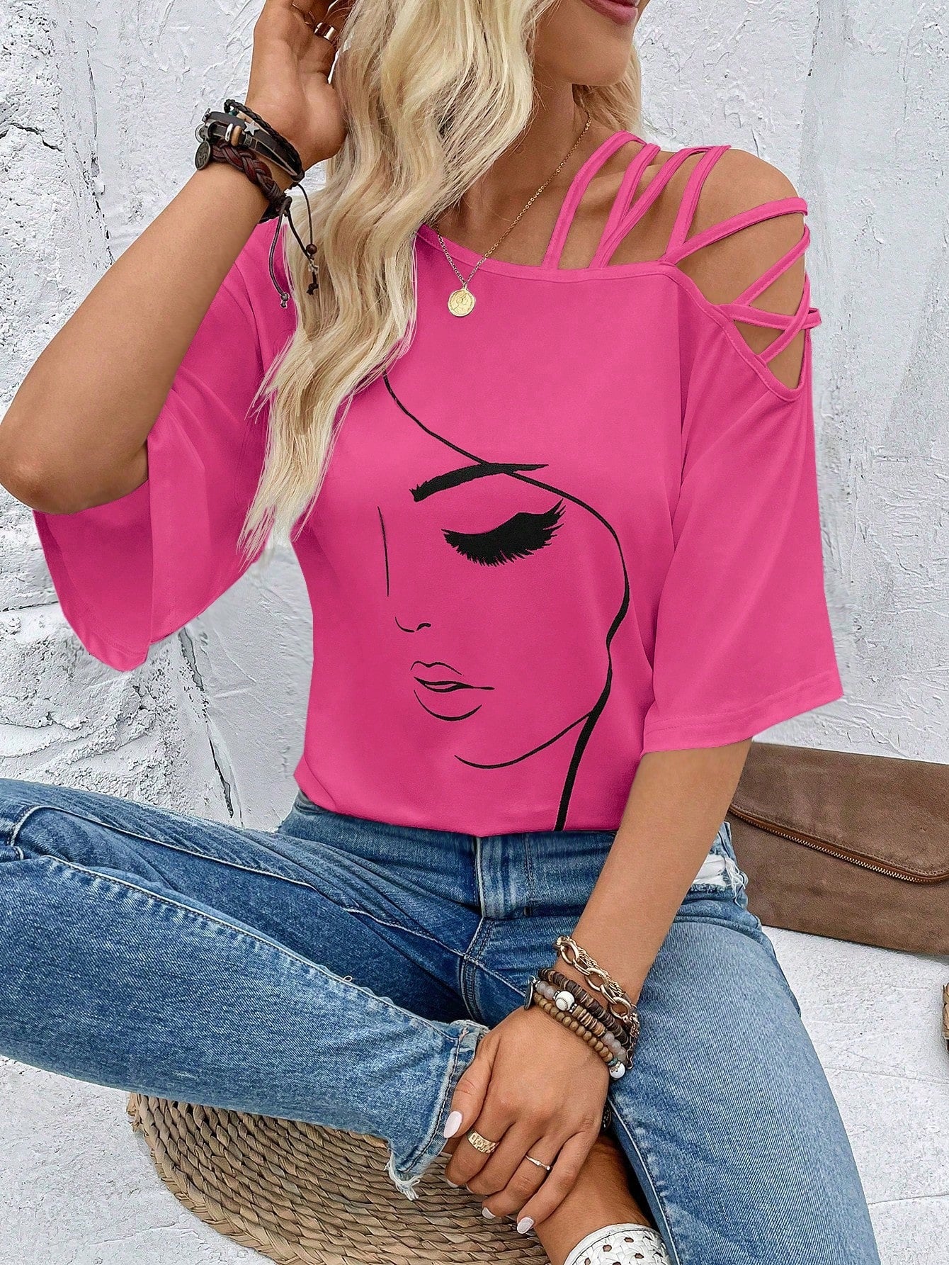 VCAY Figure Graphic Asymmetrical Neck Tee