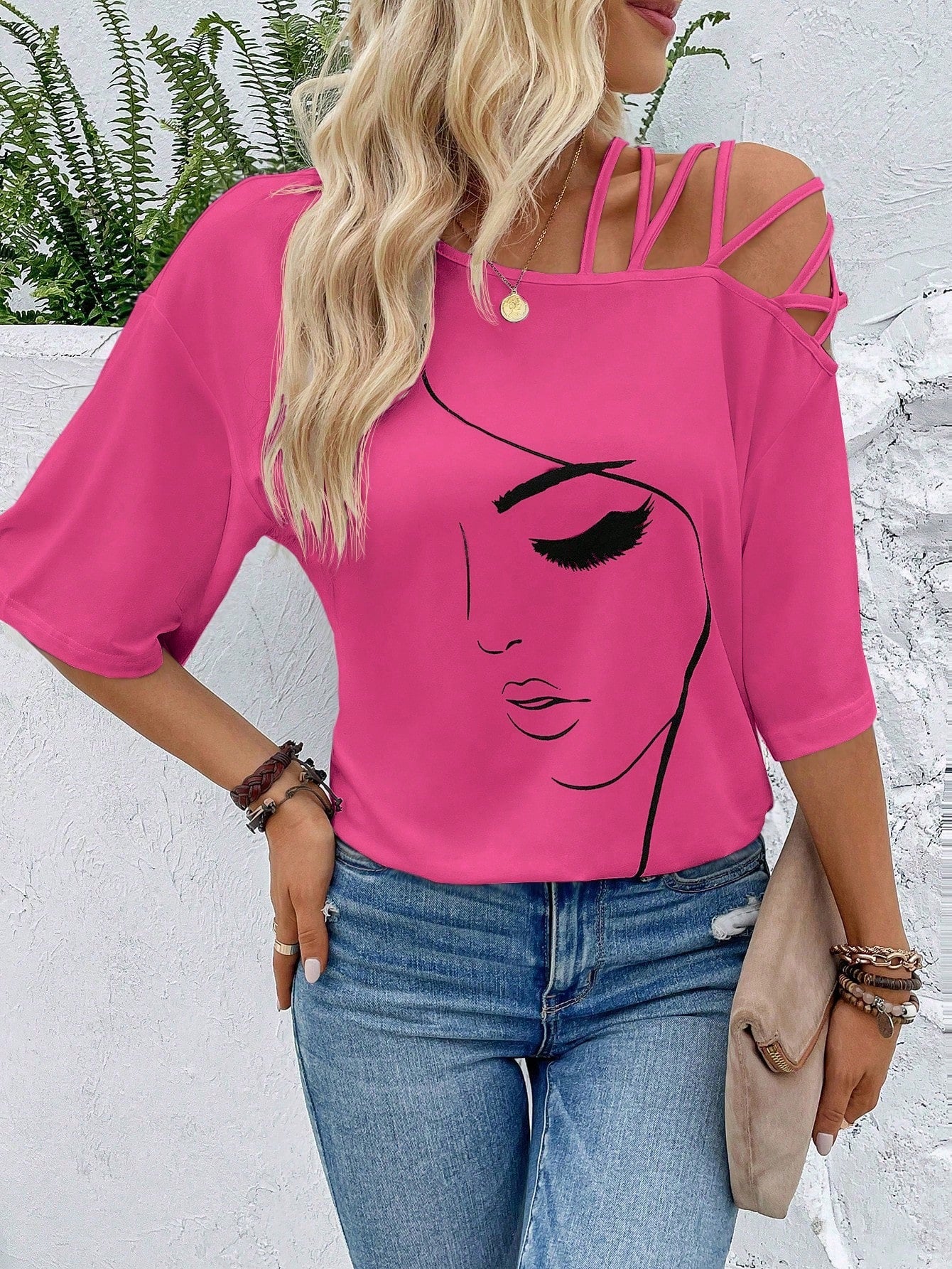 VCAY Figure Graphic Asymmetrical Neck Tee