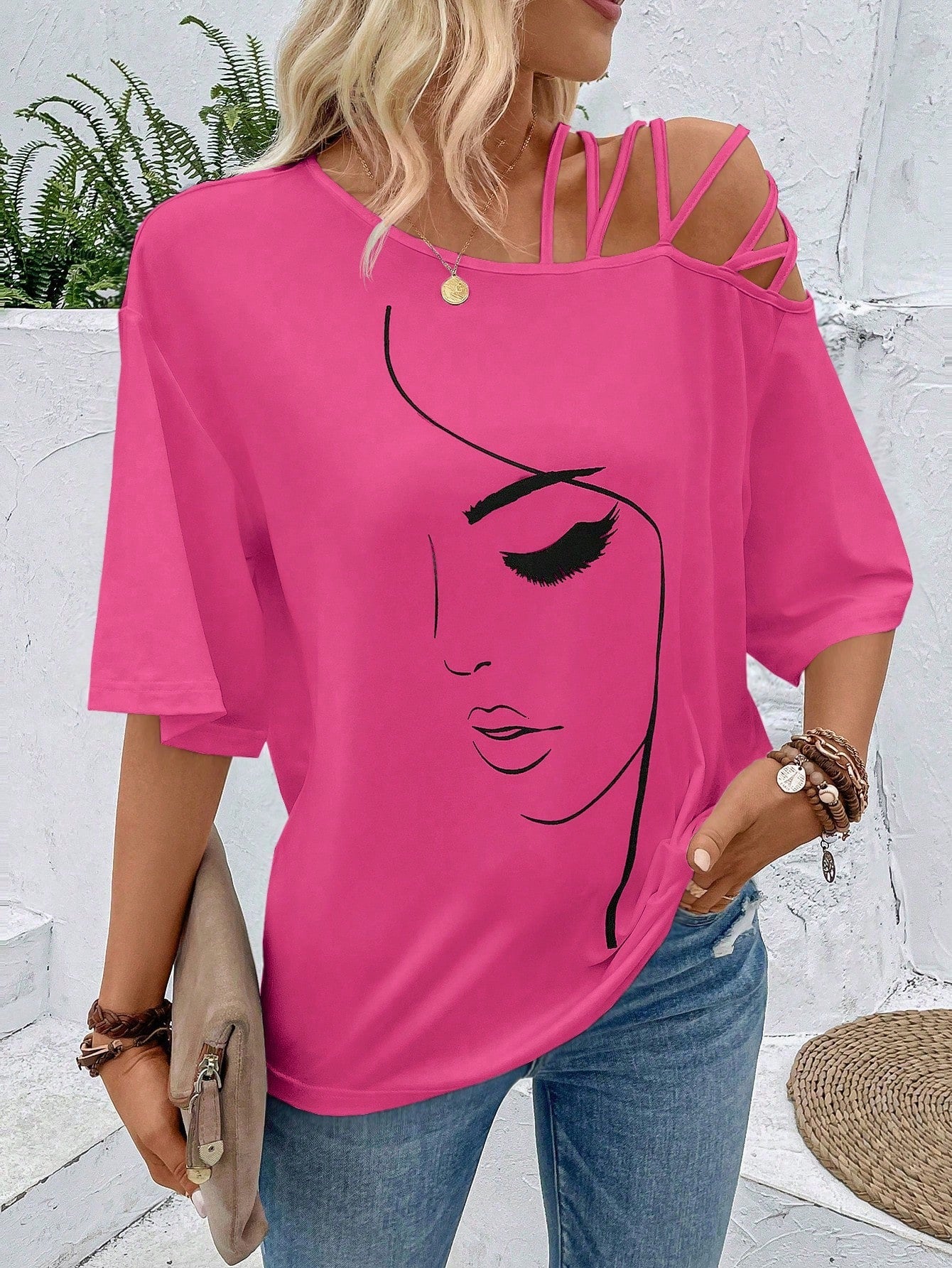 VCAY Figure Graphic Asymmetrical Neck Tee