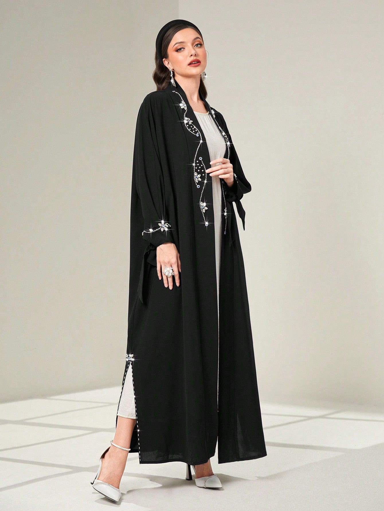 Najma Floral Rhinestone Batwing Sleeve Abaya