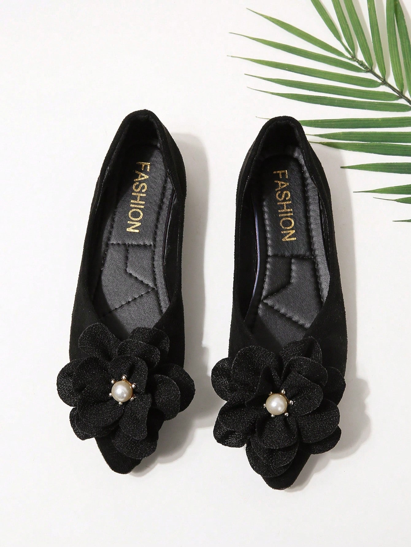 Faux Suede Flower Decor Point Toe Ballet Flats