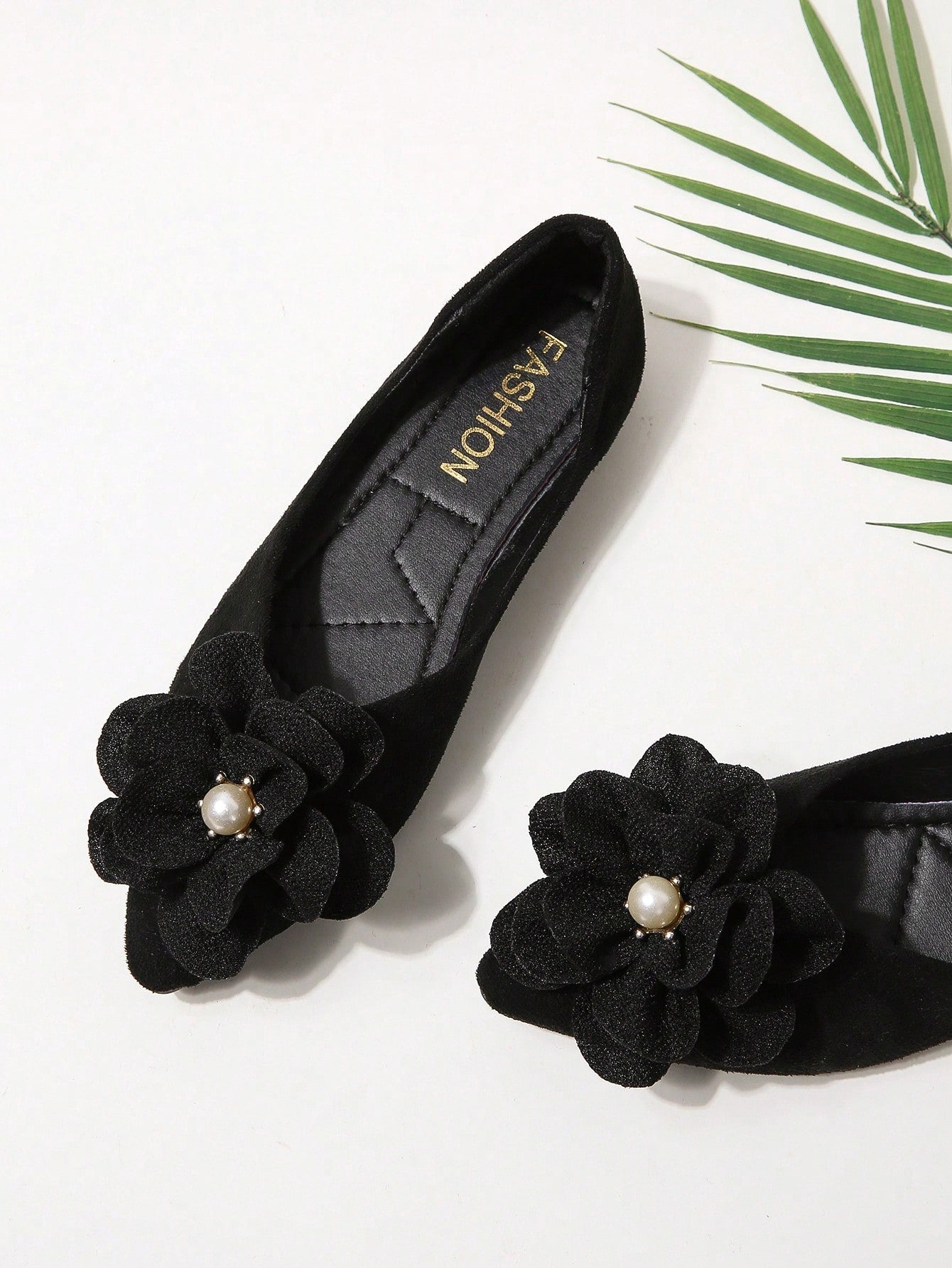 Faux Suede Flower Decor Point Toe Ballet Flats