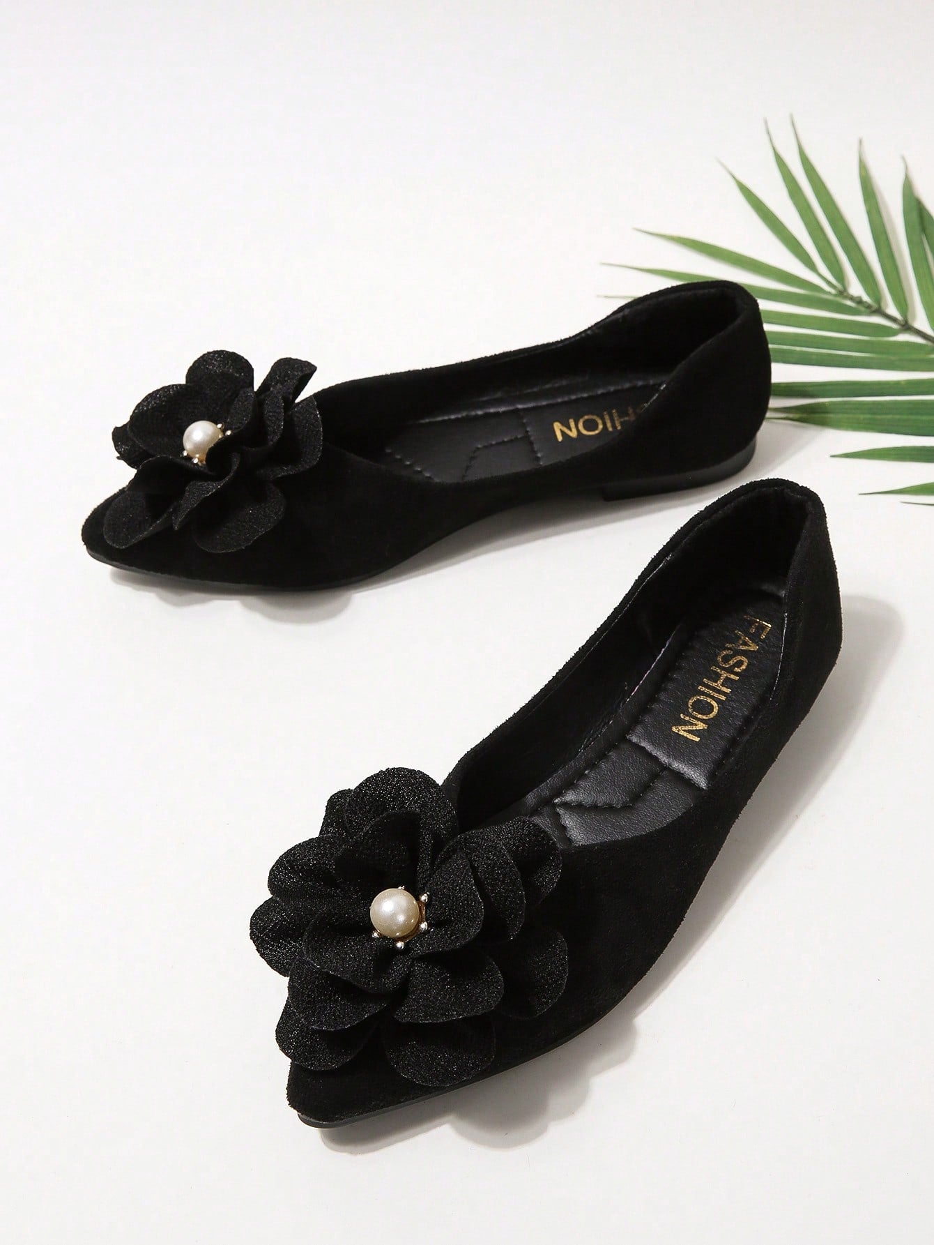 Faux Suede Flower Decor Point Toe Ballet Flats