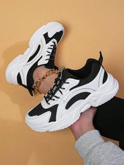 Women's Leisure Fashion Sports Shoes With Breathable Mesh And Pu Leather Material, Comfortable Dad Sneakers