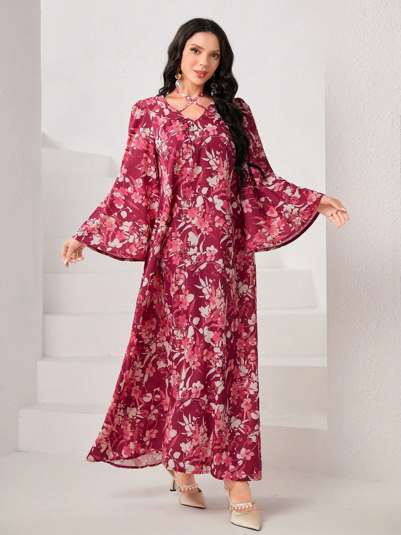 Najma Floral Print Crisscross Front Flounce Sleeve Kaftan